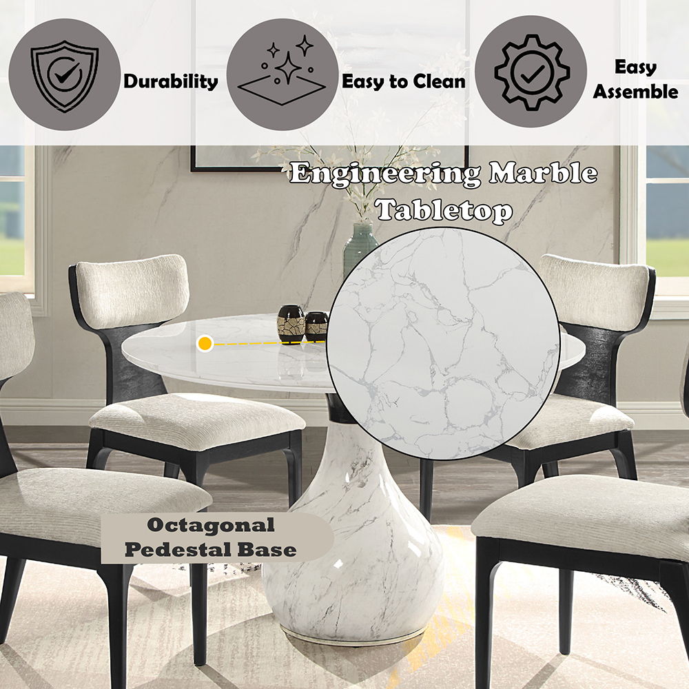 Koen - Round Dining Table, Engineering Marble Top - White & Black, white, view 6
