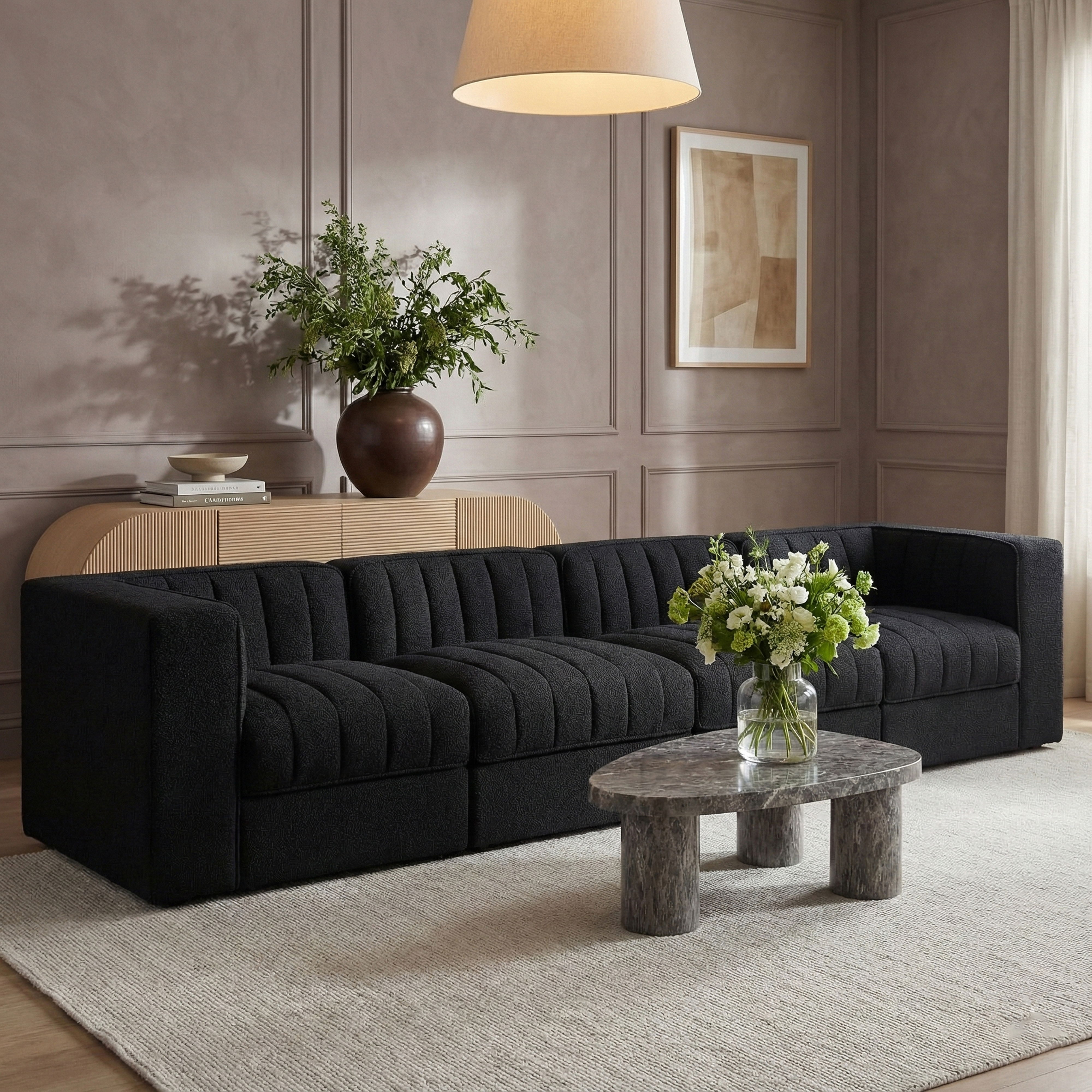 Rummi - Velvet Performance Fabric Upholstered 4 Piece Modular Sofa - Black
