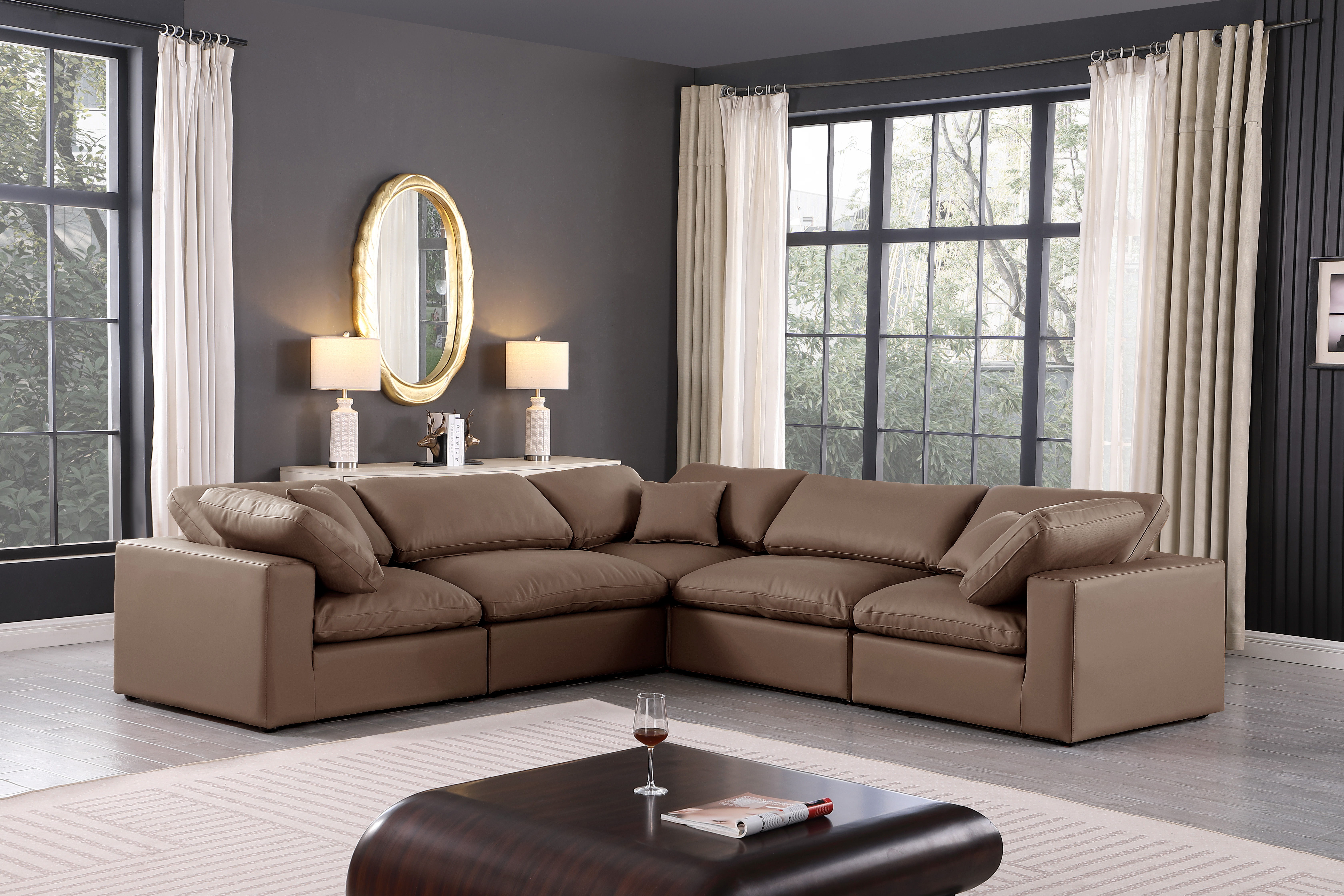Comfy - 5 Piece Faux Leather Modular Corner Sectional - Brown