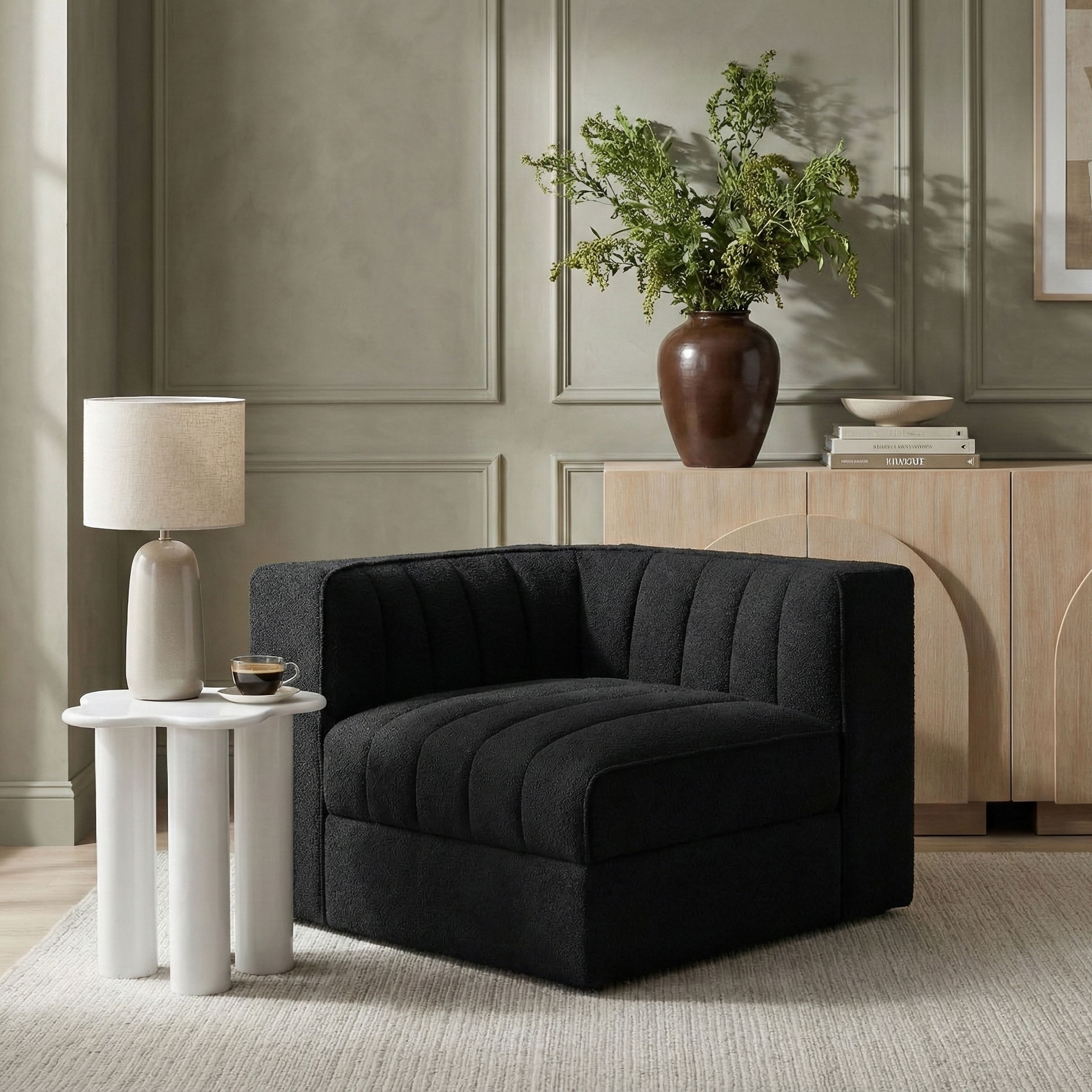 Rummi - Velvet Performance Fabric Upholstered Modular Corner Chair - Black