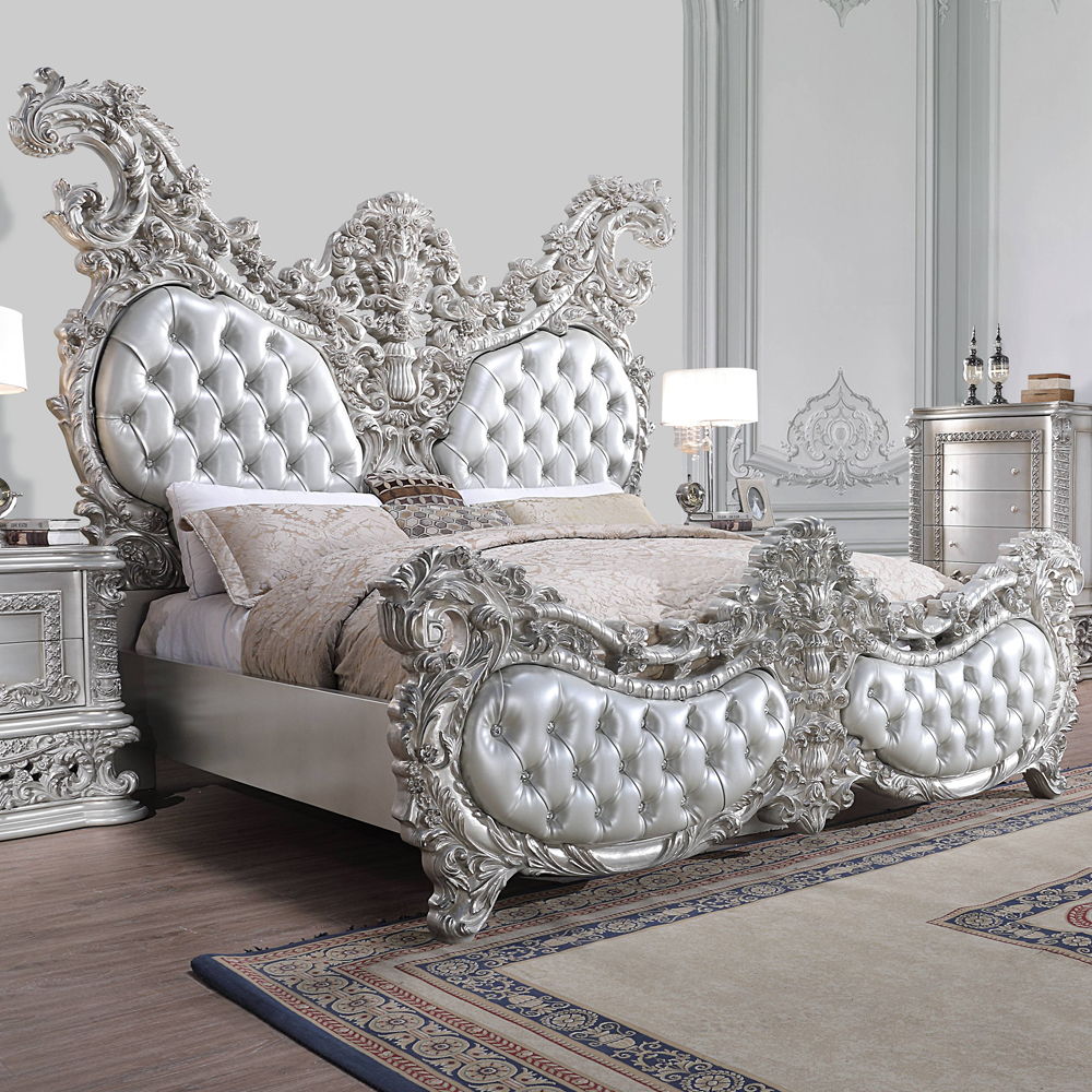 Valkyrie - Eastern King Bed - Synthetic Leather & Antique Platinum, silver