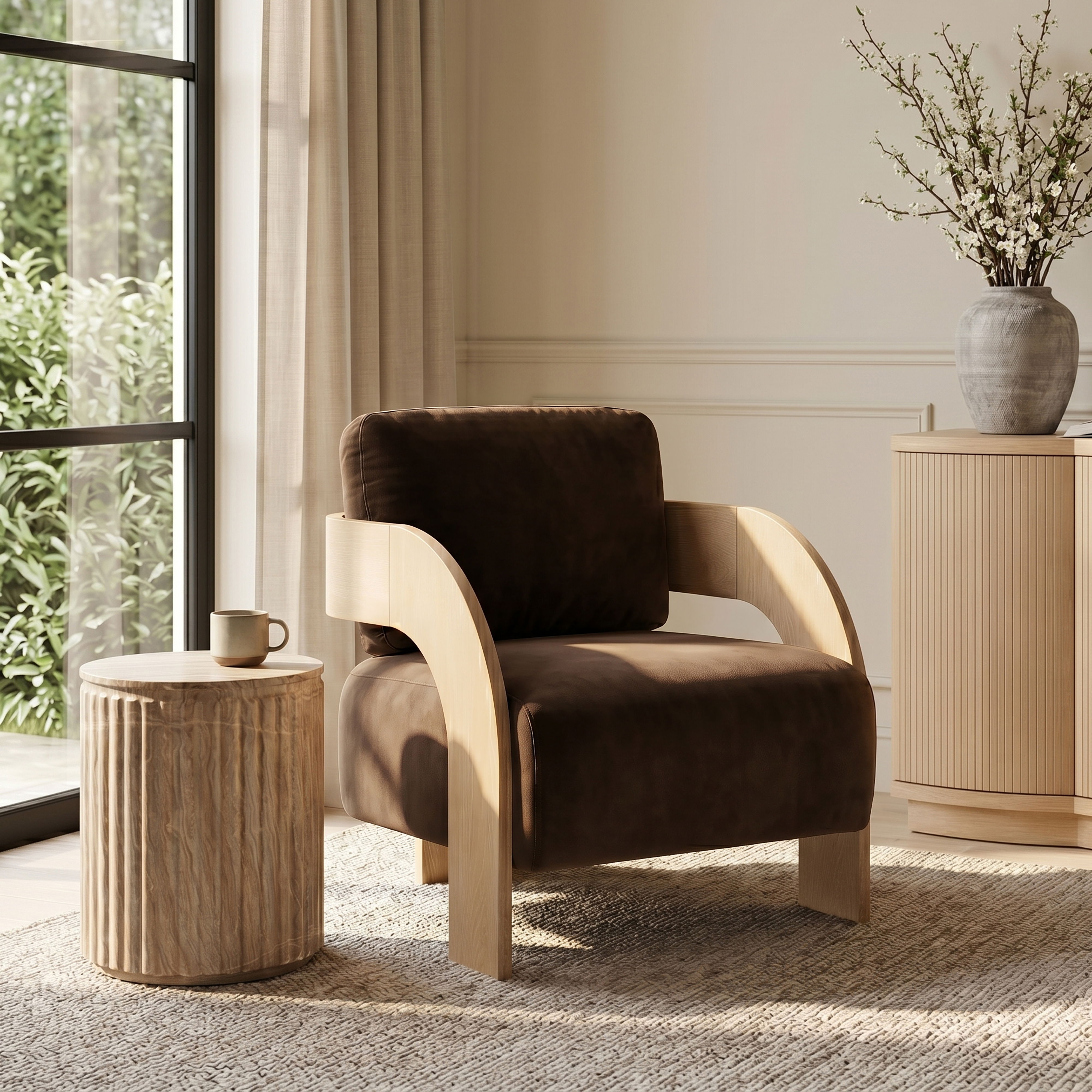 Cedra - Velvet Performance Fabric Upholstered Accent Chair - Brown / Natural