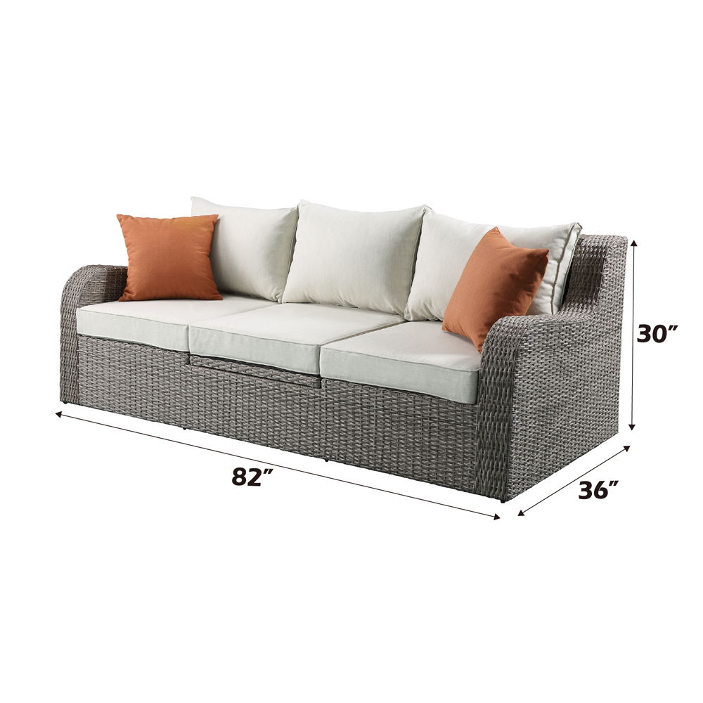 Salena - Patio Sofa With 2 Pillows & 2 Ottomans - Beige Fabric & Gray Wicker, beige, view 3