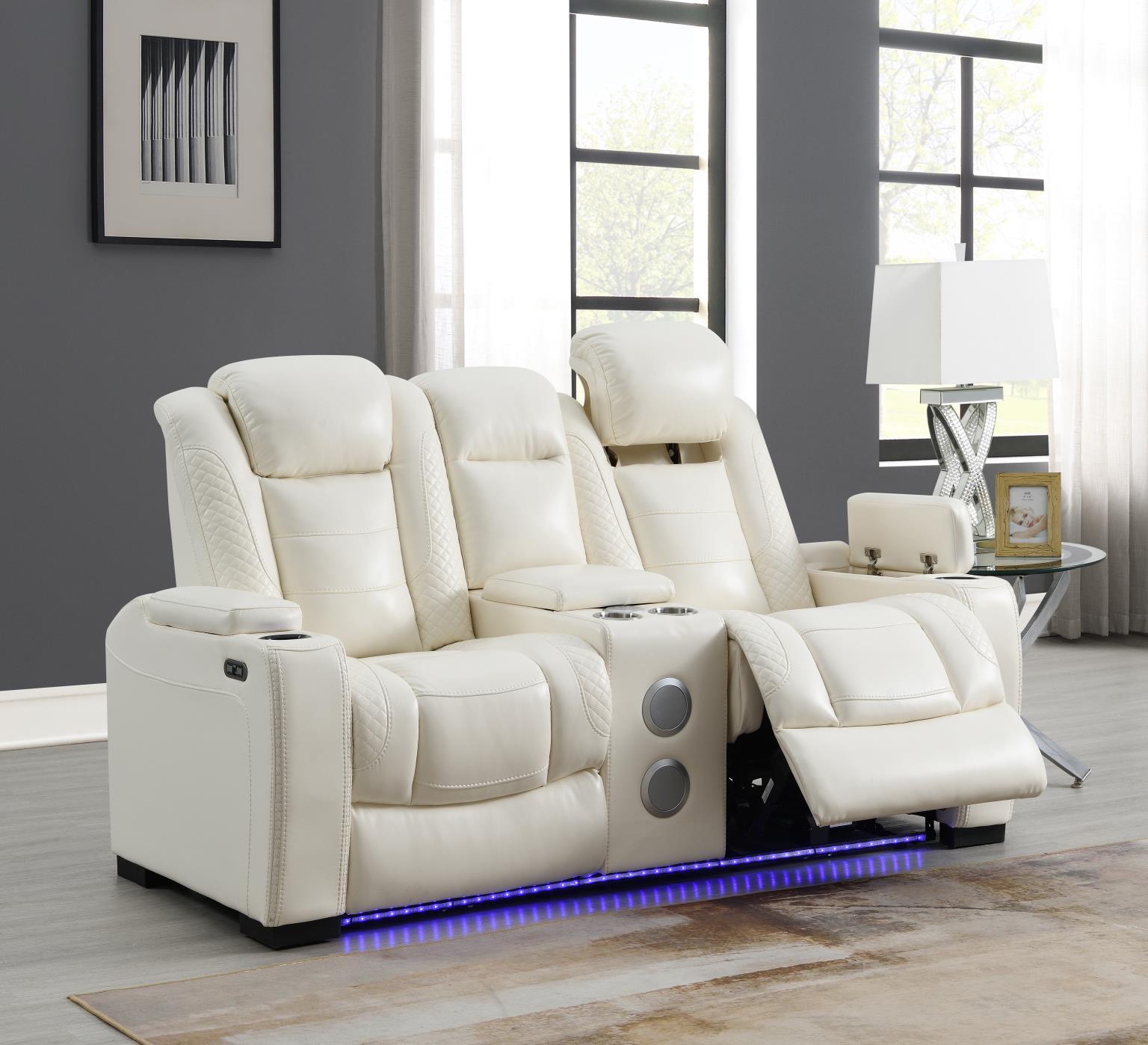 LED Power Reclining With Power Headrest, Bluetooth Speaker, And Drop Down Table Loveseat