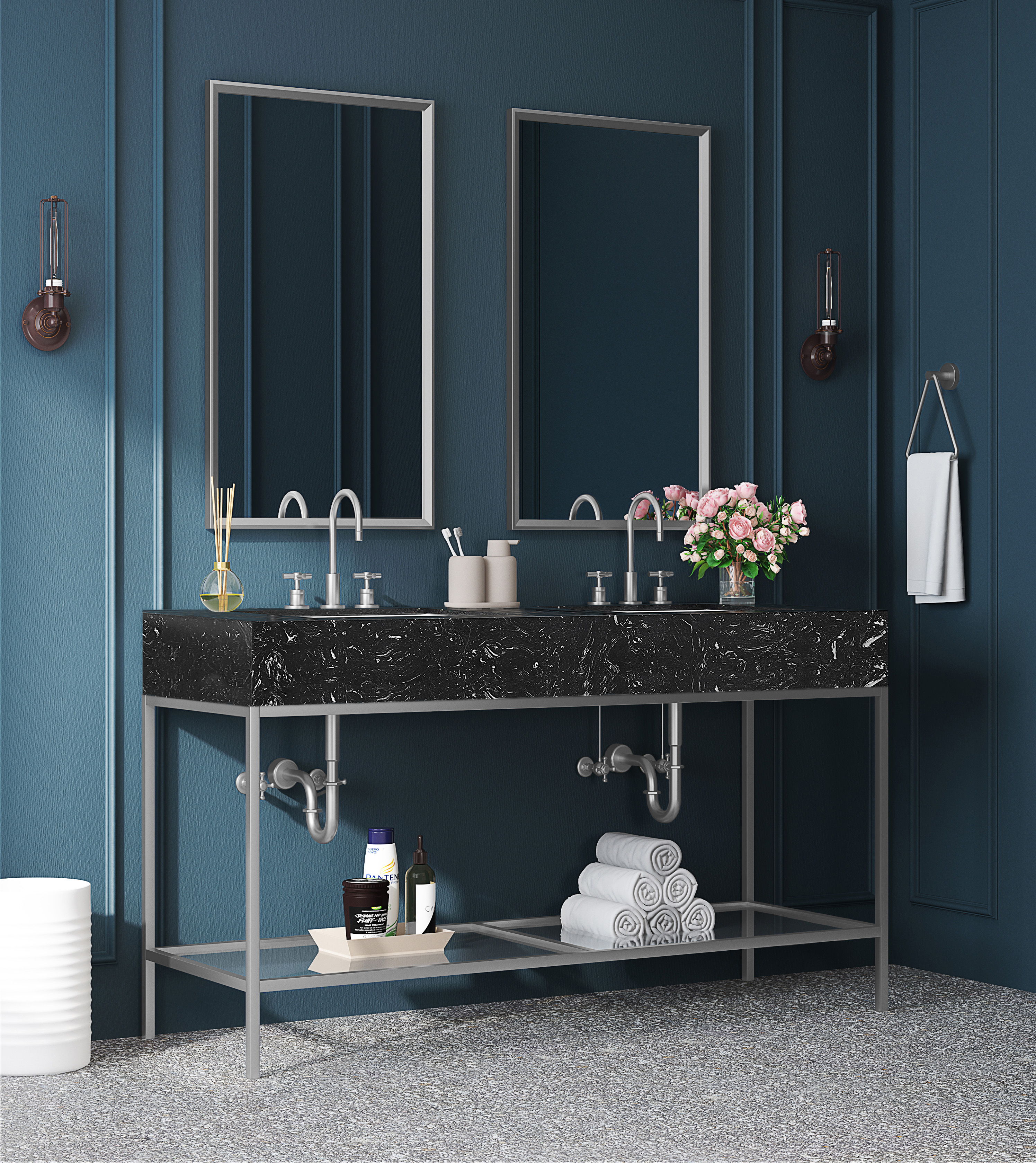Marmo - 60" Engineered Marble Bathroom Vanity With Black Base - Black