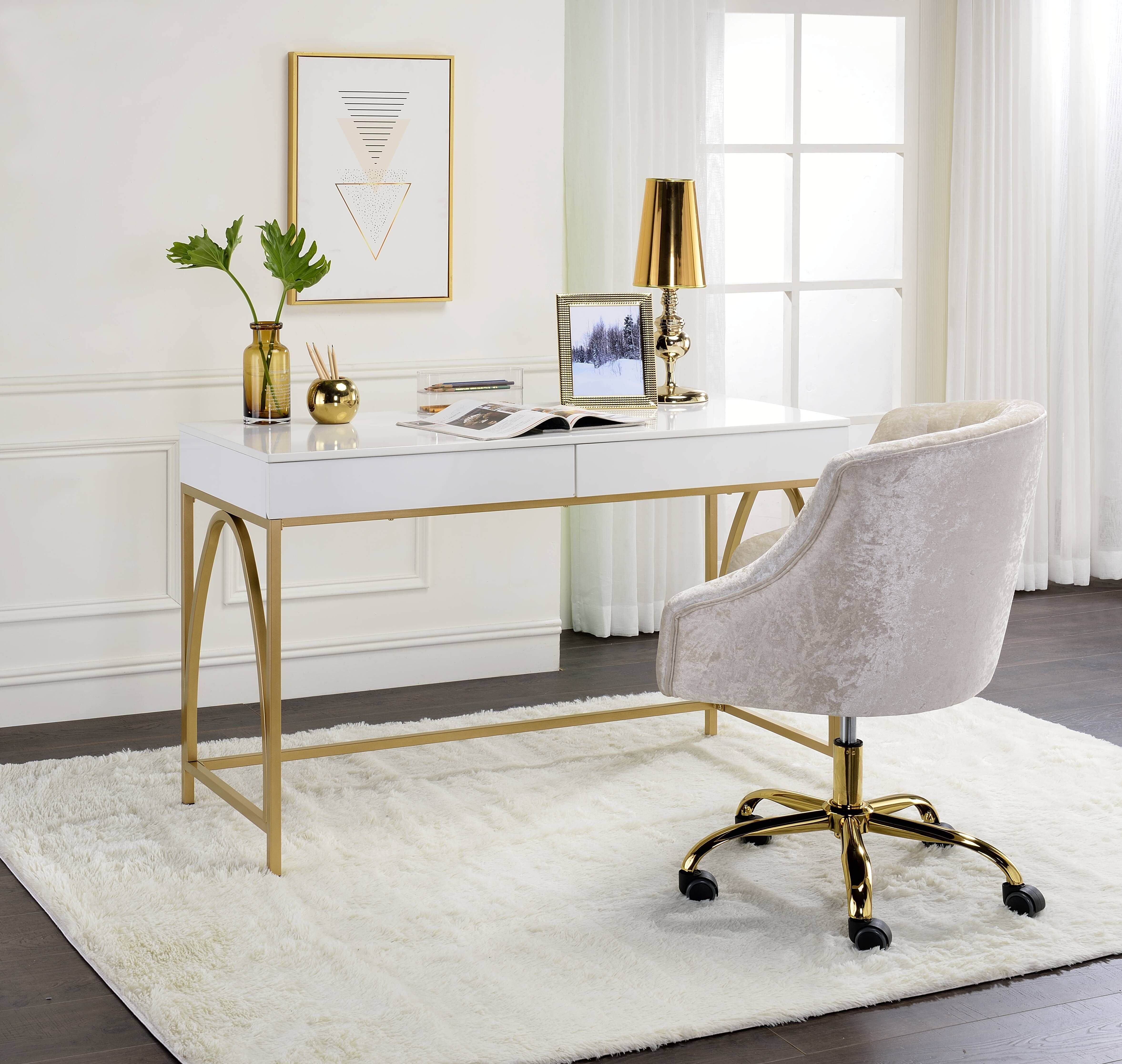 Lightmane - Vanity Desk (Same 92660) - White High Gloss & Gold, white