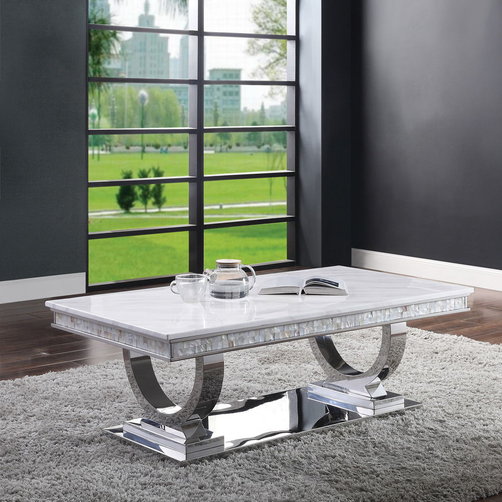 Zander - Coffee Table - White Printed Faux Marble Top & Mirrored Silver, white