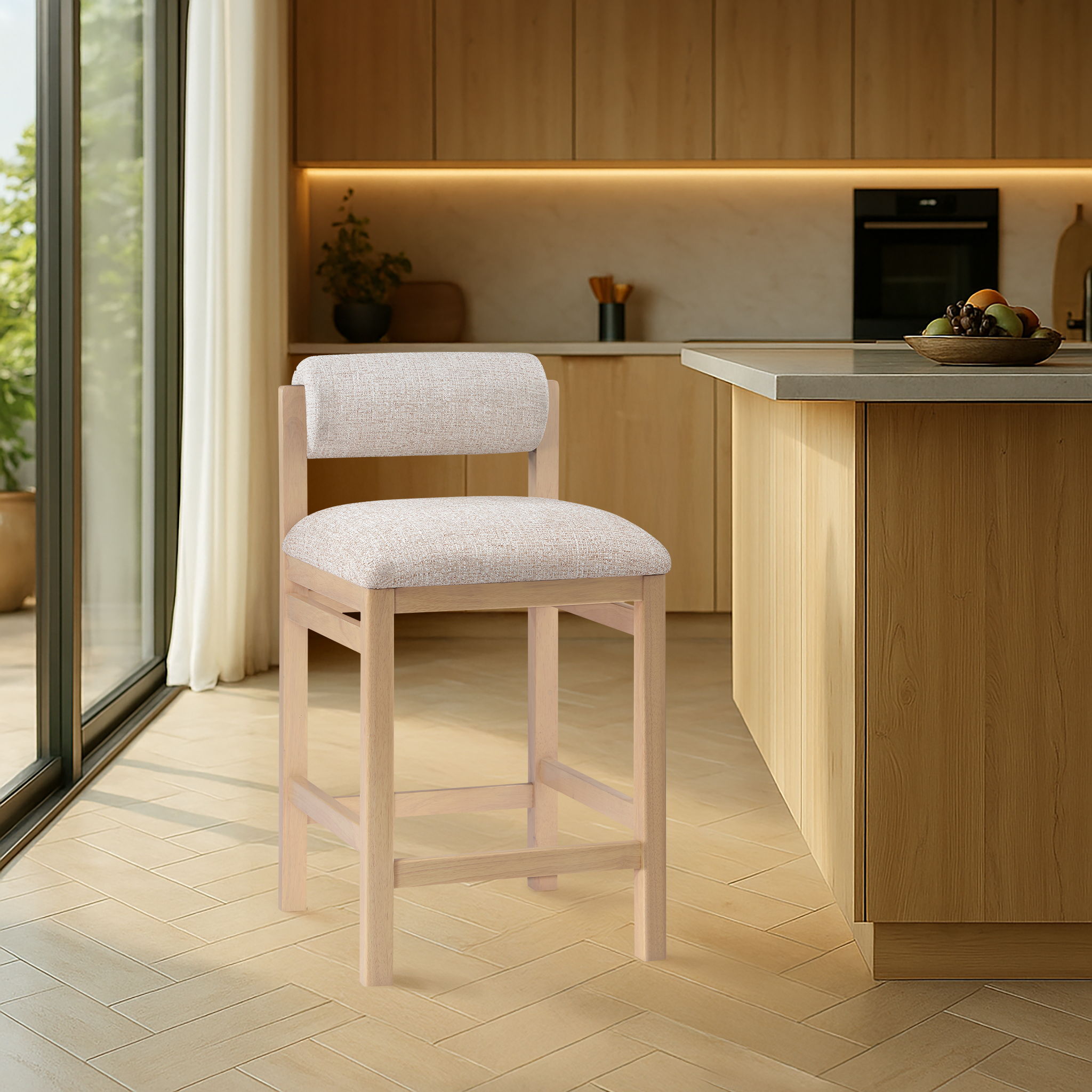 Roundhill - Linen Textured Fabric Upholstered Counter Stool - Beige