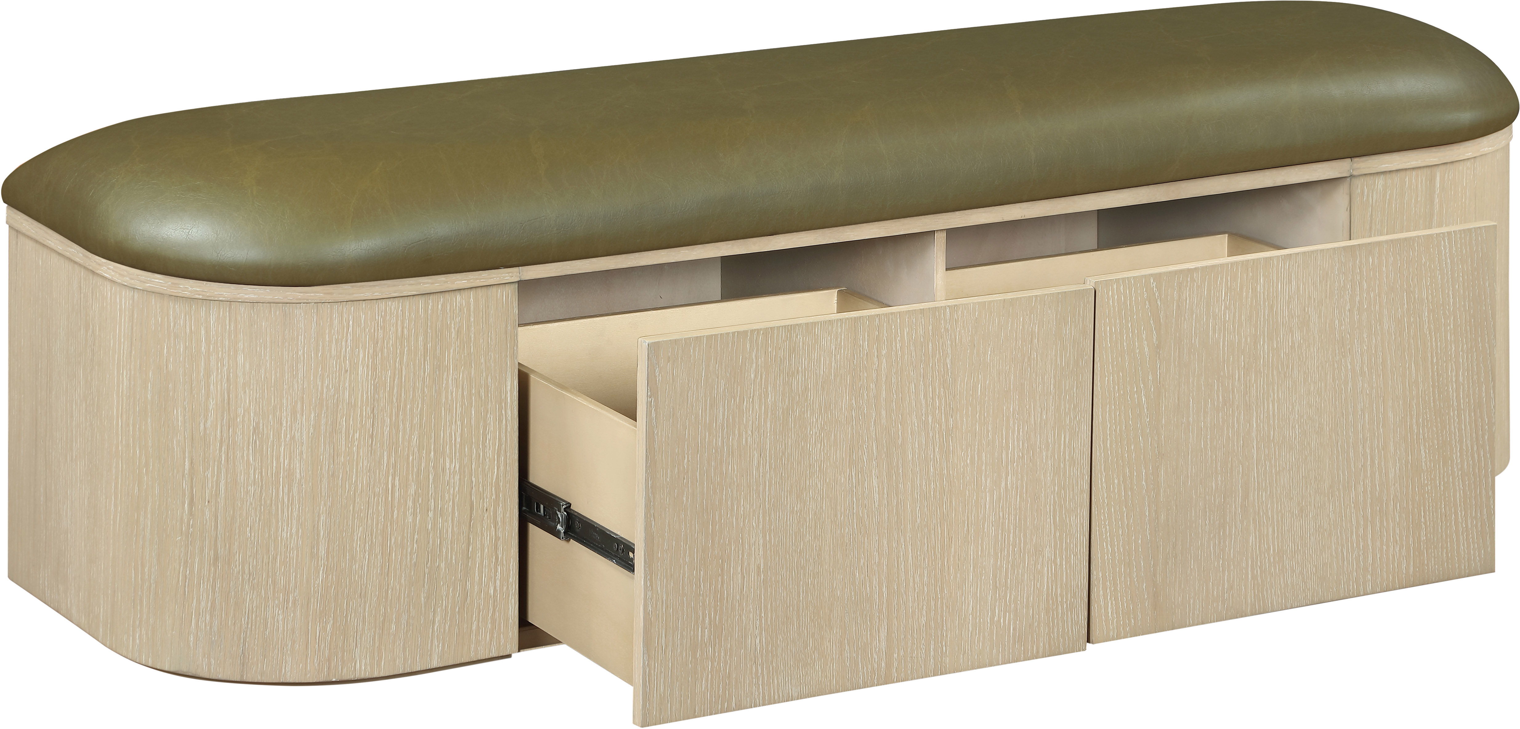 Velden - Vegan Leather Upholstered Storage Bench - Olive / Stained Natural