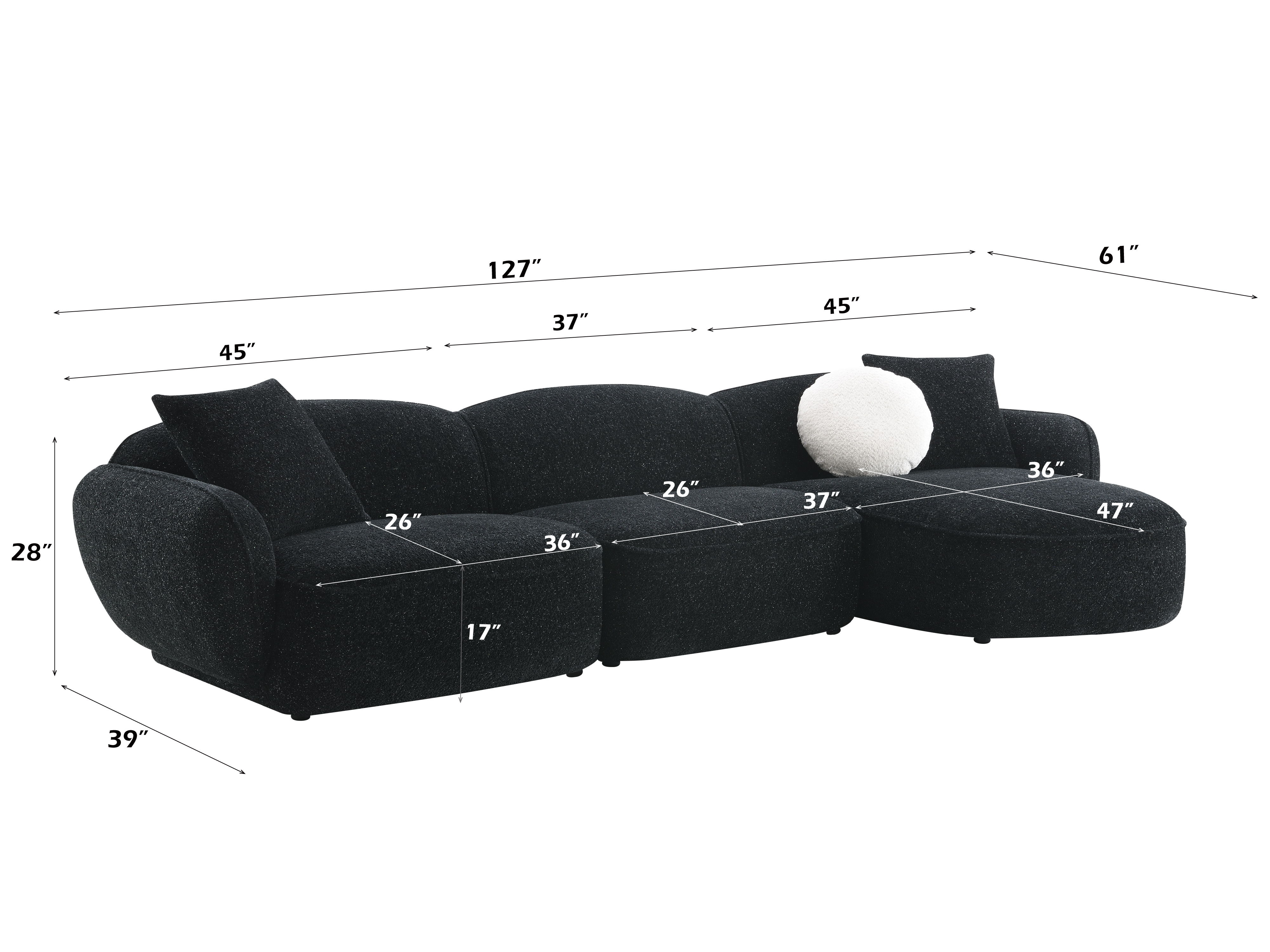 Lucifer - Sectional Sofa With 3 Pillows - Black Shimmer Chenille, black, view 7