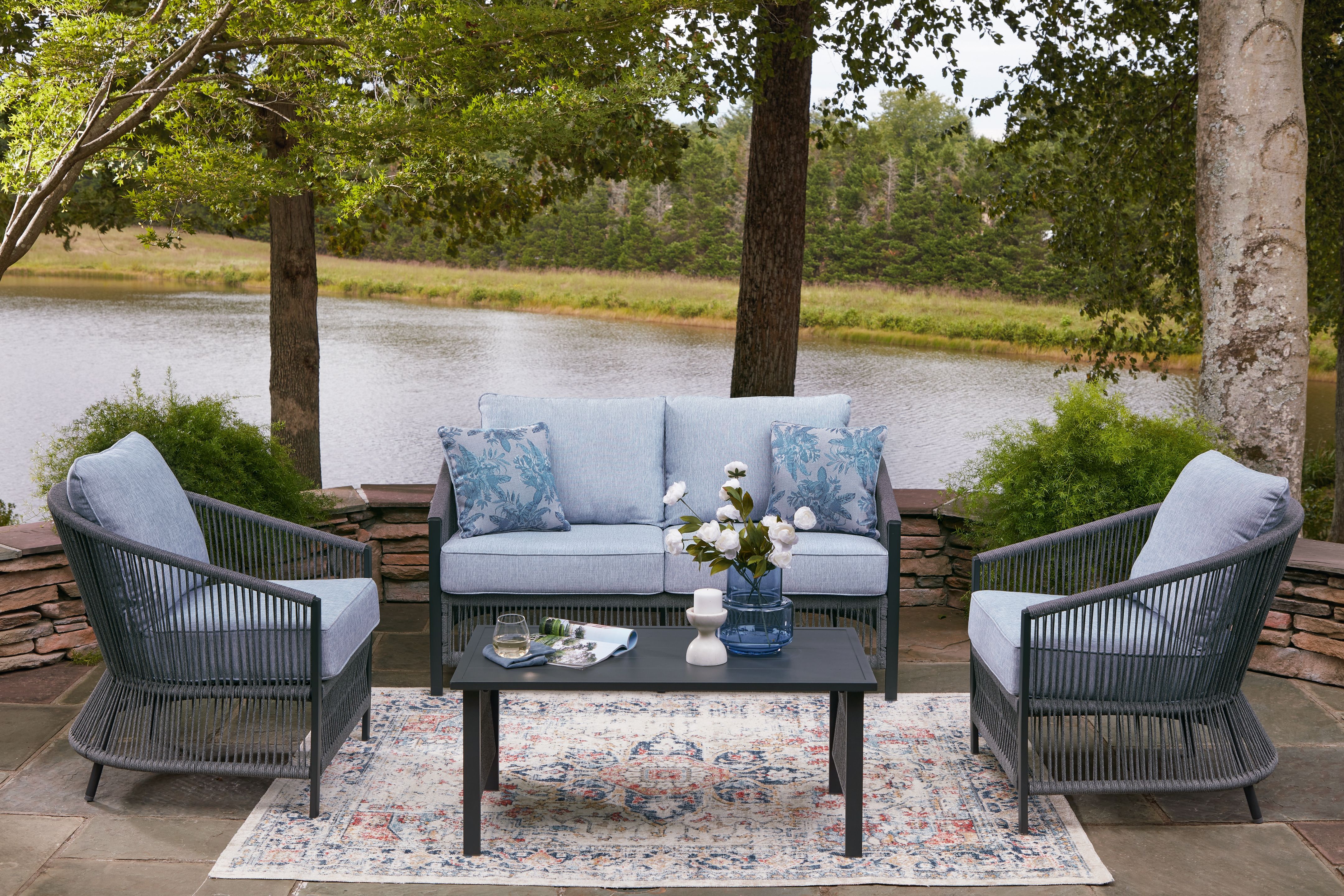 Ashley Furniture Bridges Beach - Loveseat, Lounge Chairs, Table Set (Set of 4) - Gray - Image 2