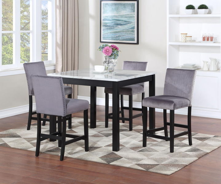 D205 - 5 Piece Dining Room Set (Marble Dining Table, 4 Velvet Chairs) - White