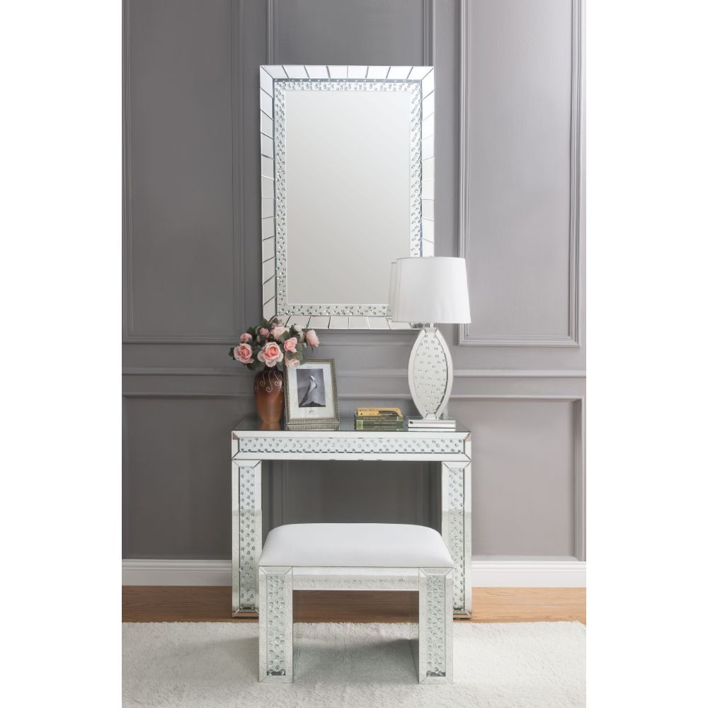 Nysa - Vanity Stool - Ivory Synthetic Leather , Mirrored & Faux Crystals, silver, view 5