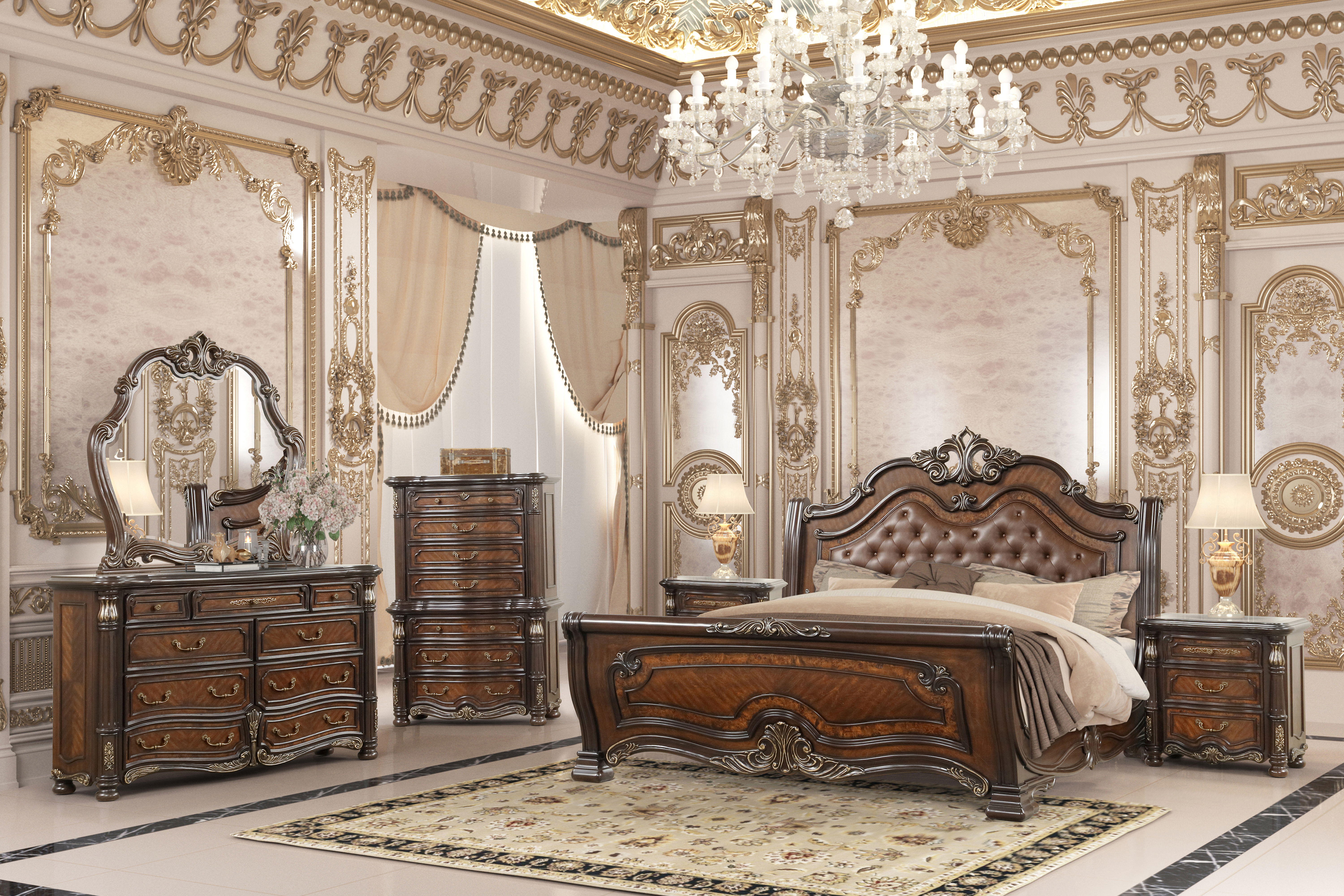 Bella Notte - 6/0 Western King 6 Piece Set Padded Sleigh Bed - Cherry