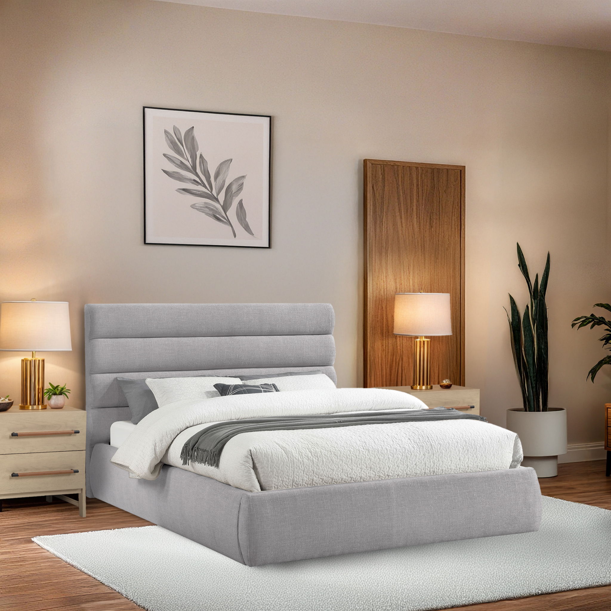 Adam - Linen Fabric Queen Bed With 52" Headboard - Gray