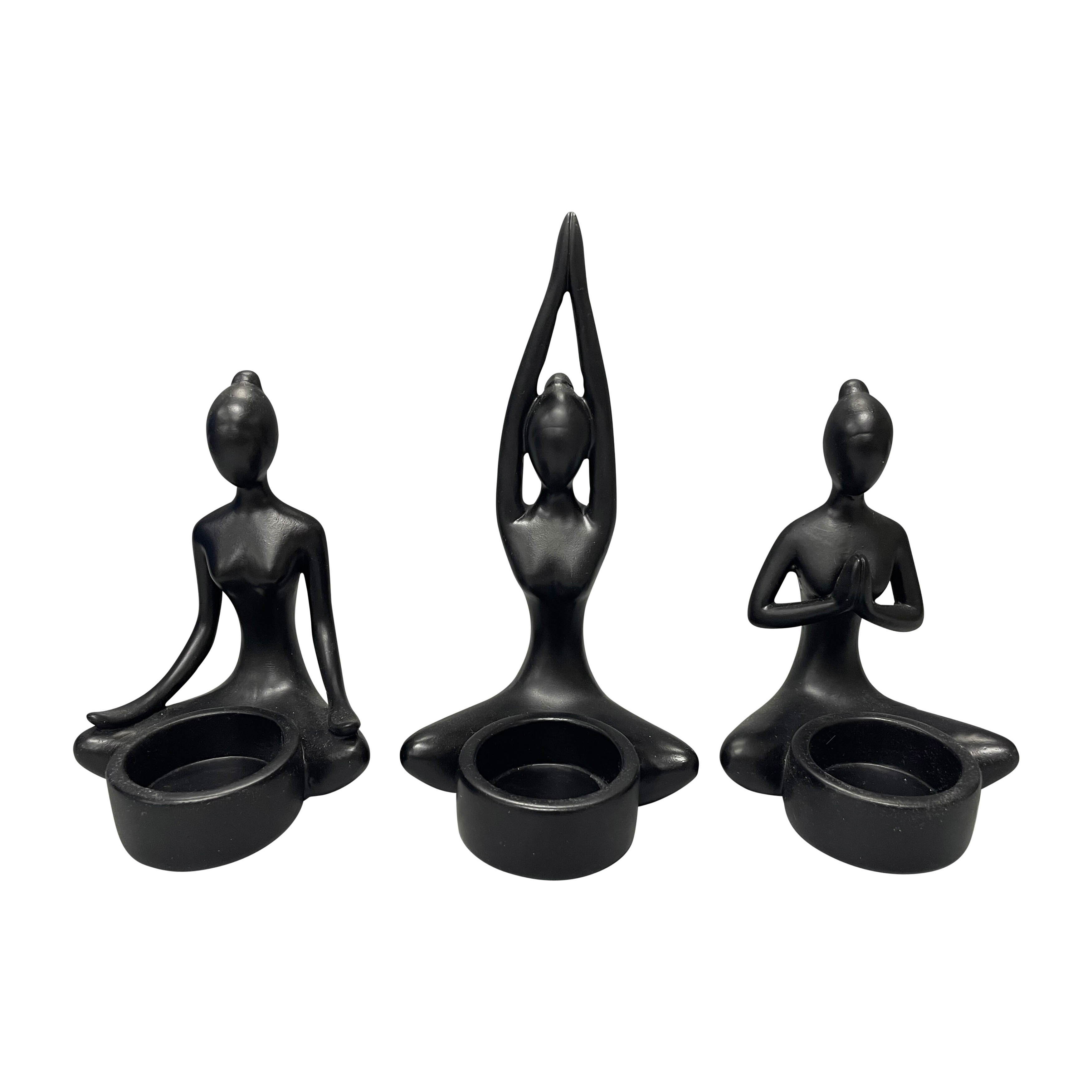 (Set of 3) 7\" Resin Yoga Women Tealight Holder - Black