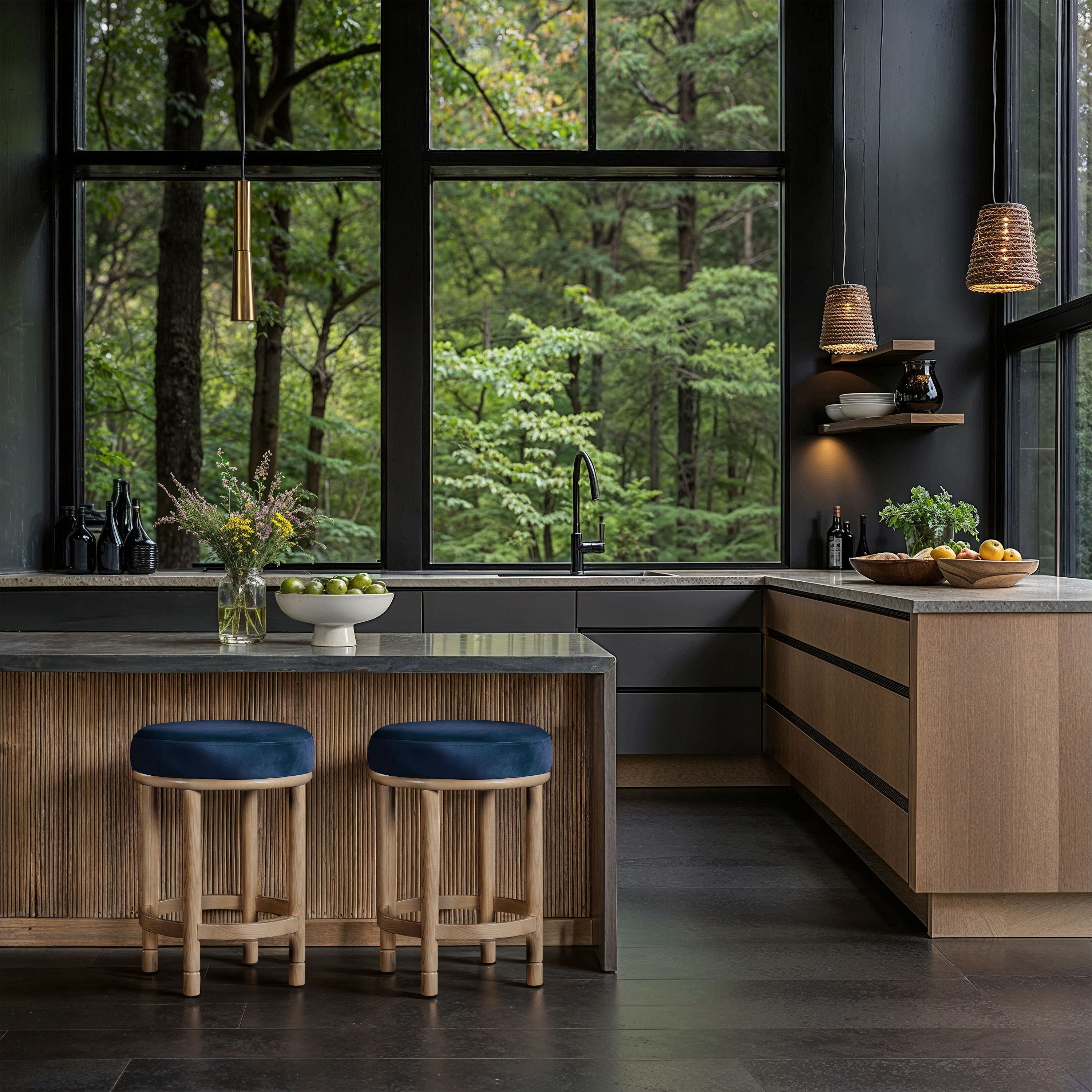 Monette - Counter Stool With Natural Base - Navy