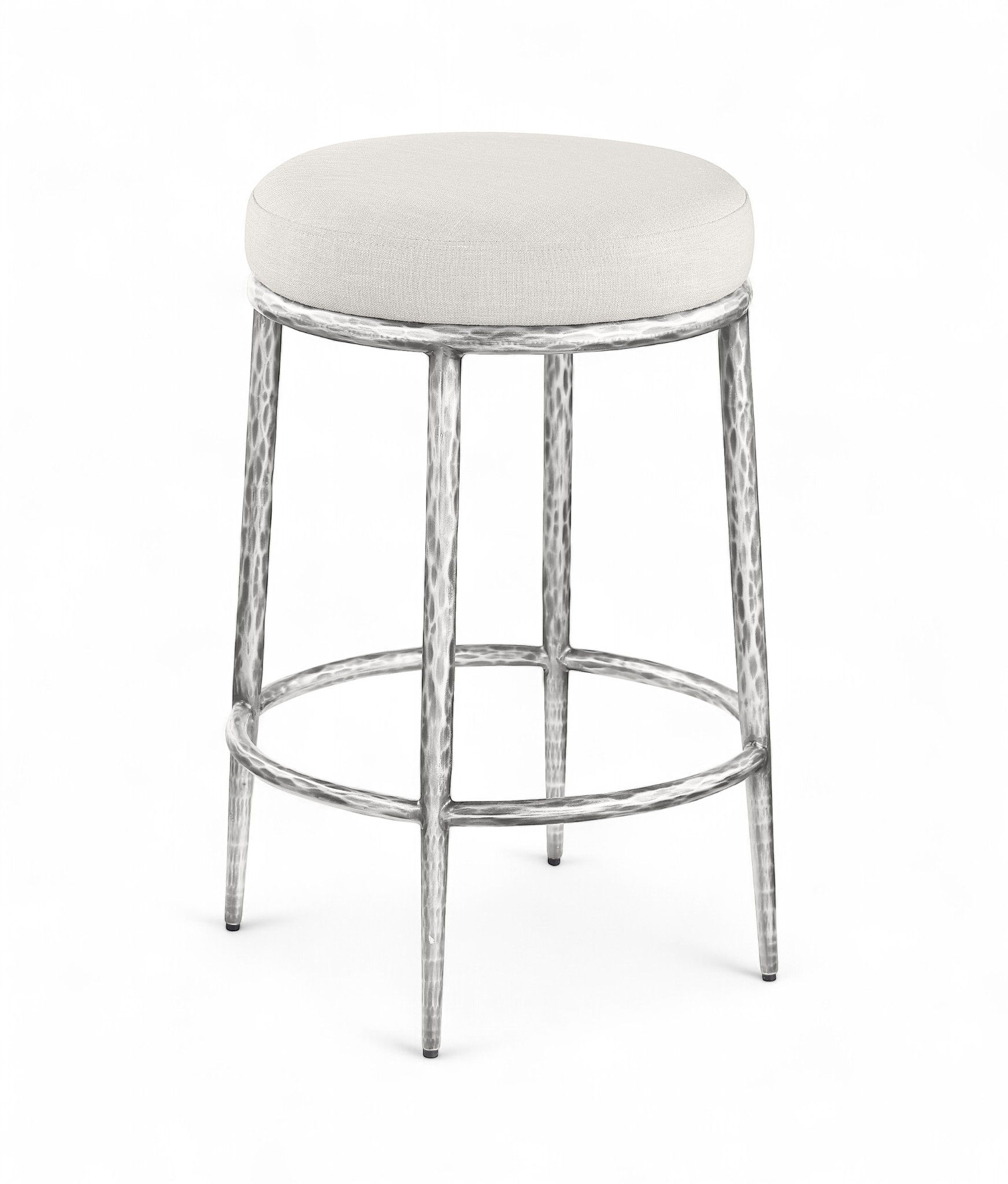 Ferro - Linen Textured Performance Fabric Upholstered Backless Counter Stool - Cream / Brushed Silver