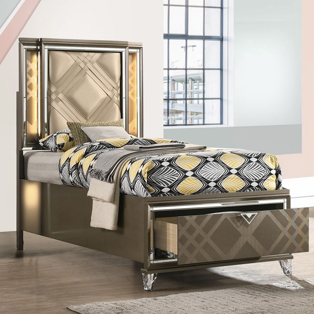 Skylar - Full Bed With LED & Storage - Synthetic Leather & Dark Champagne, dark brown