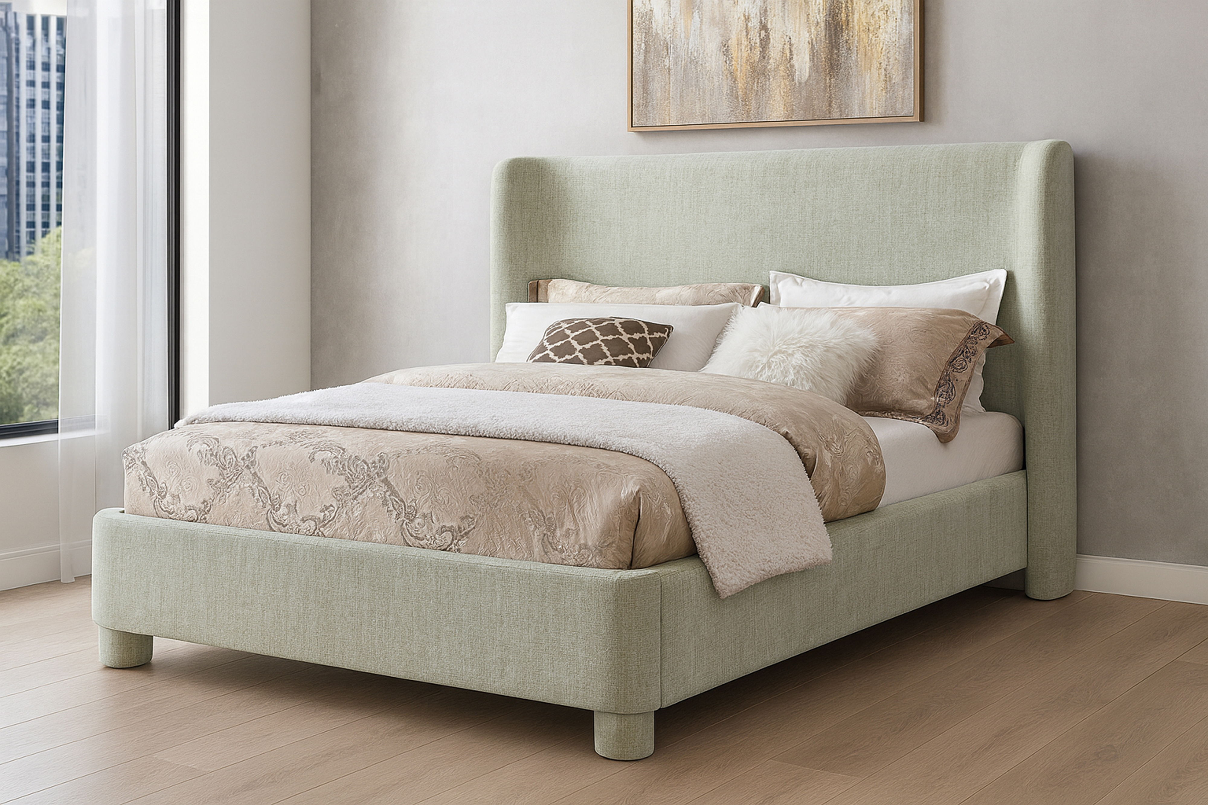 Penny - Chenille Fabric Queen Bed - Mint Green