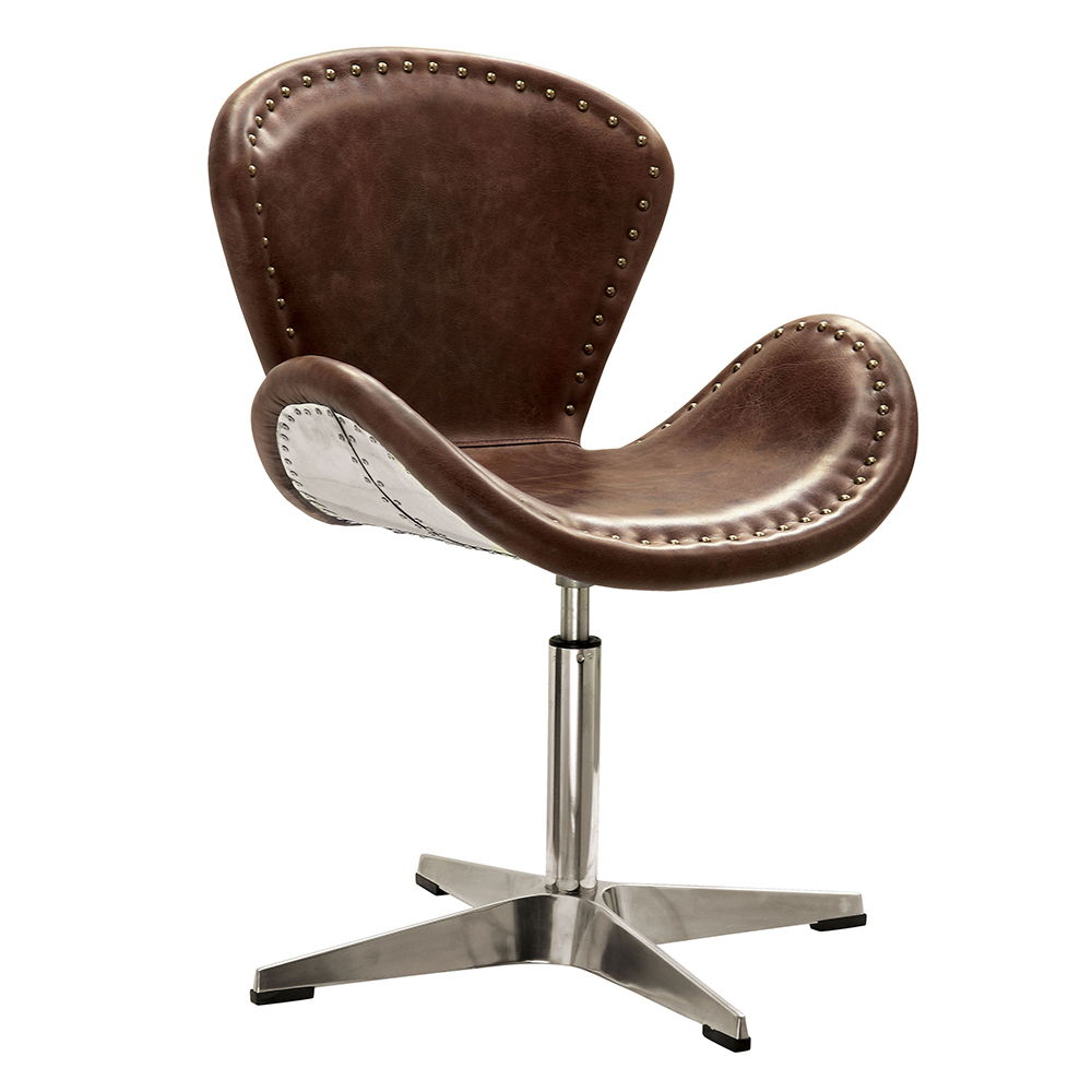 Brancaster - 33" Accent Chair With Swivel - Retro Brown Top Grain Leather & Aluminum, light brown