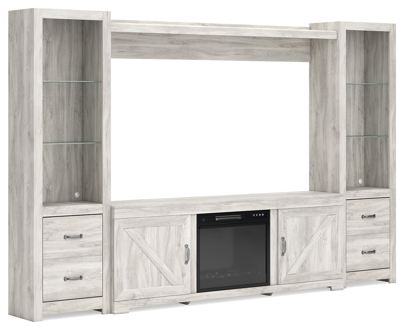 Ashley Bellaby - Whitewash - 4-Piece Entertainment Center With Glass/Stone Fireplace Insert