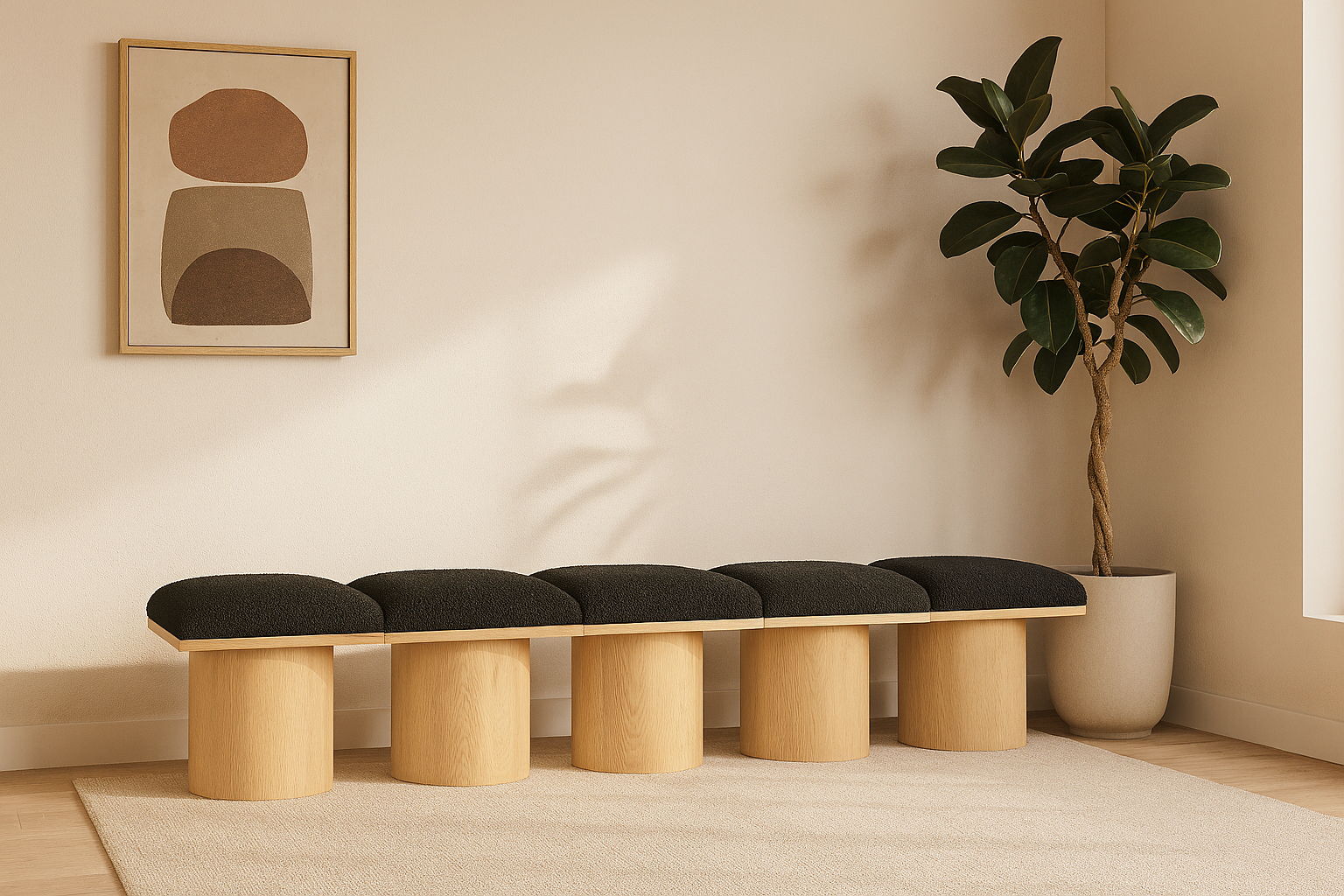 Pavilion - 90" 5 Piece Modular Bench With Natural Base - Black