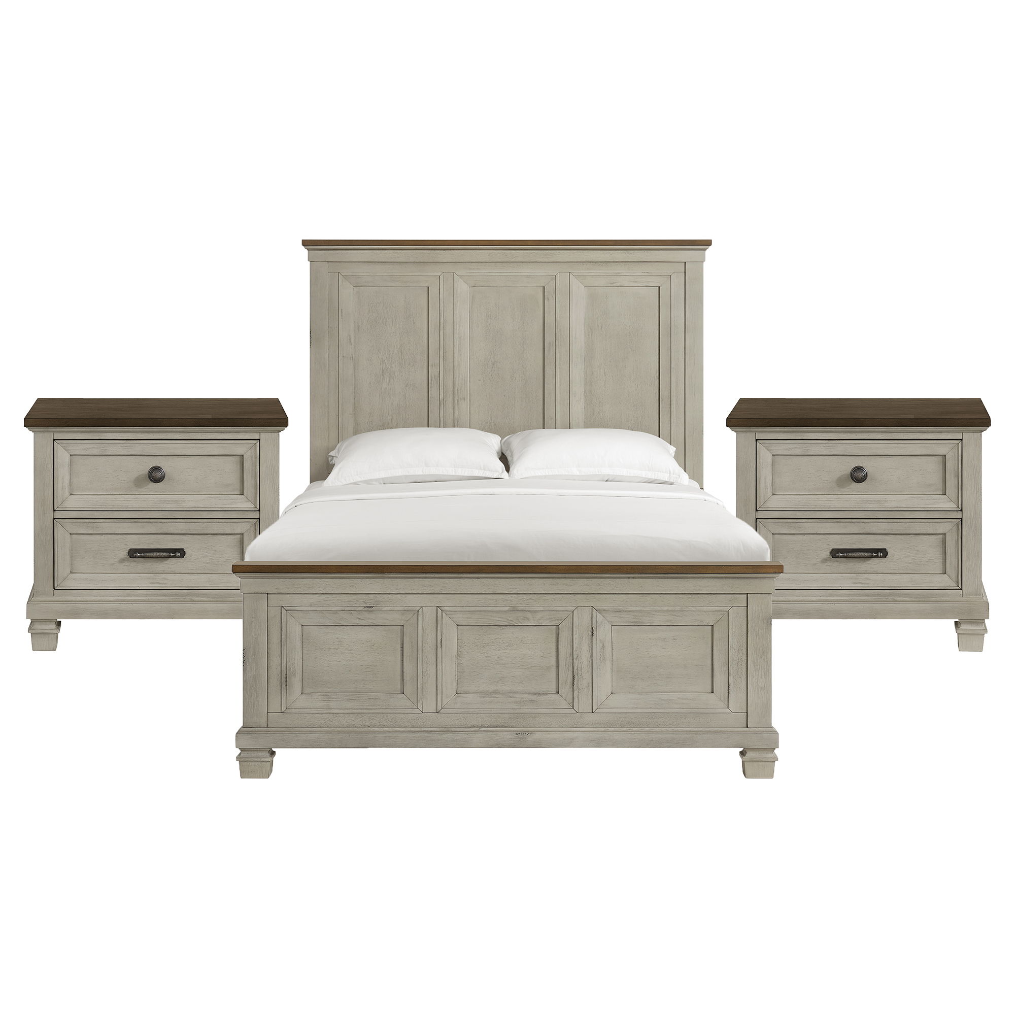 Farmington - Queen 3 Piece Bedroom Set With 2 Nightstands - Medium Brown And Washed Stone