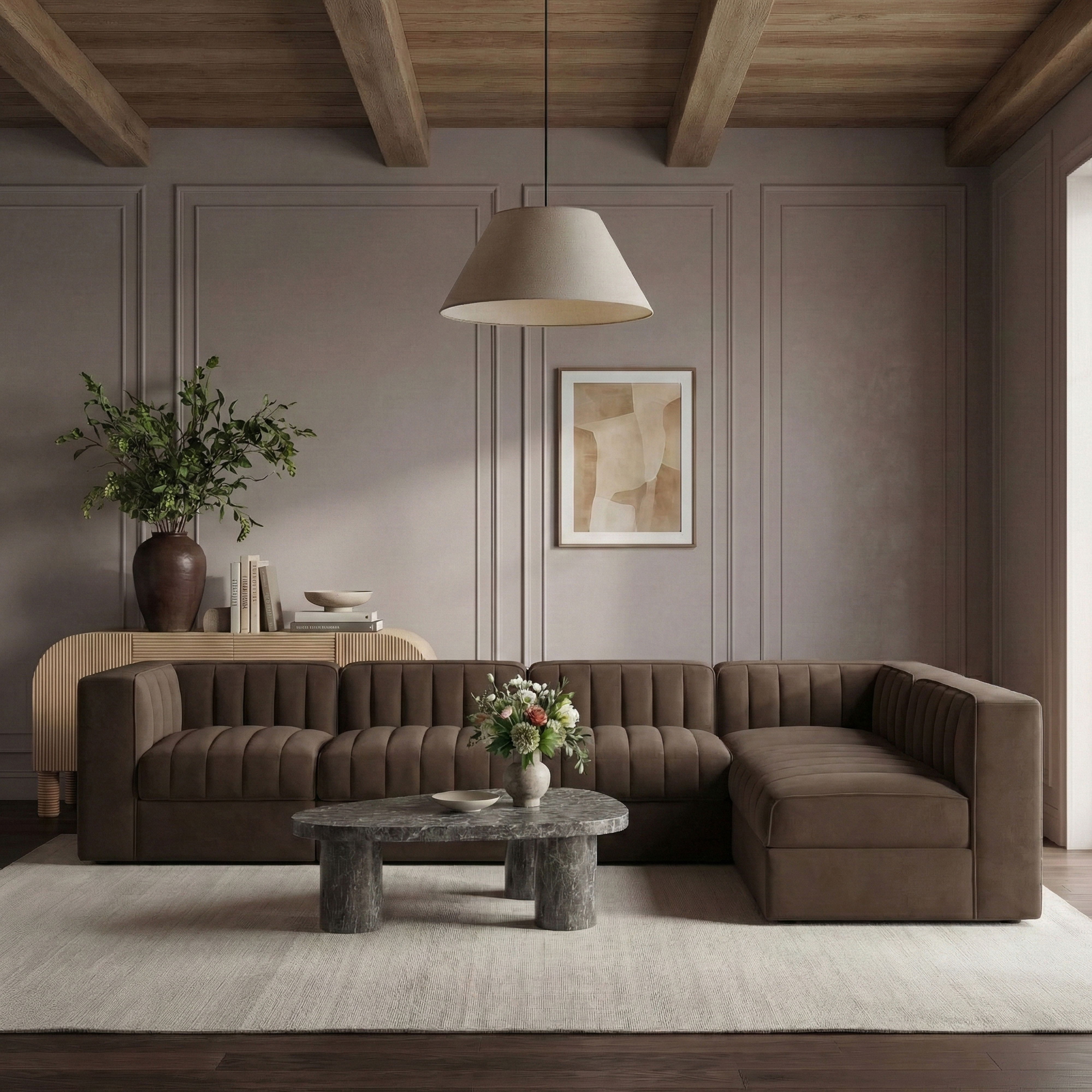 Rummi - Velvet Performance Fabric Upholstered 6 Piece Modular Sectional - Brown