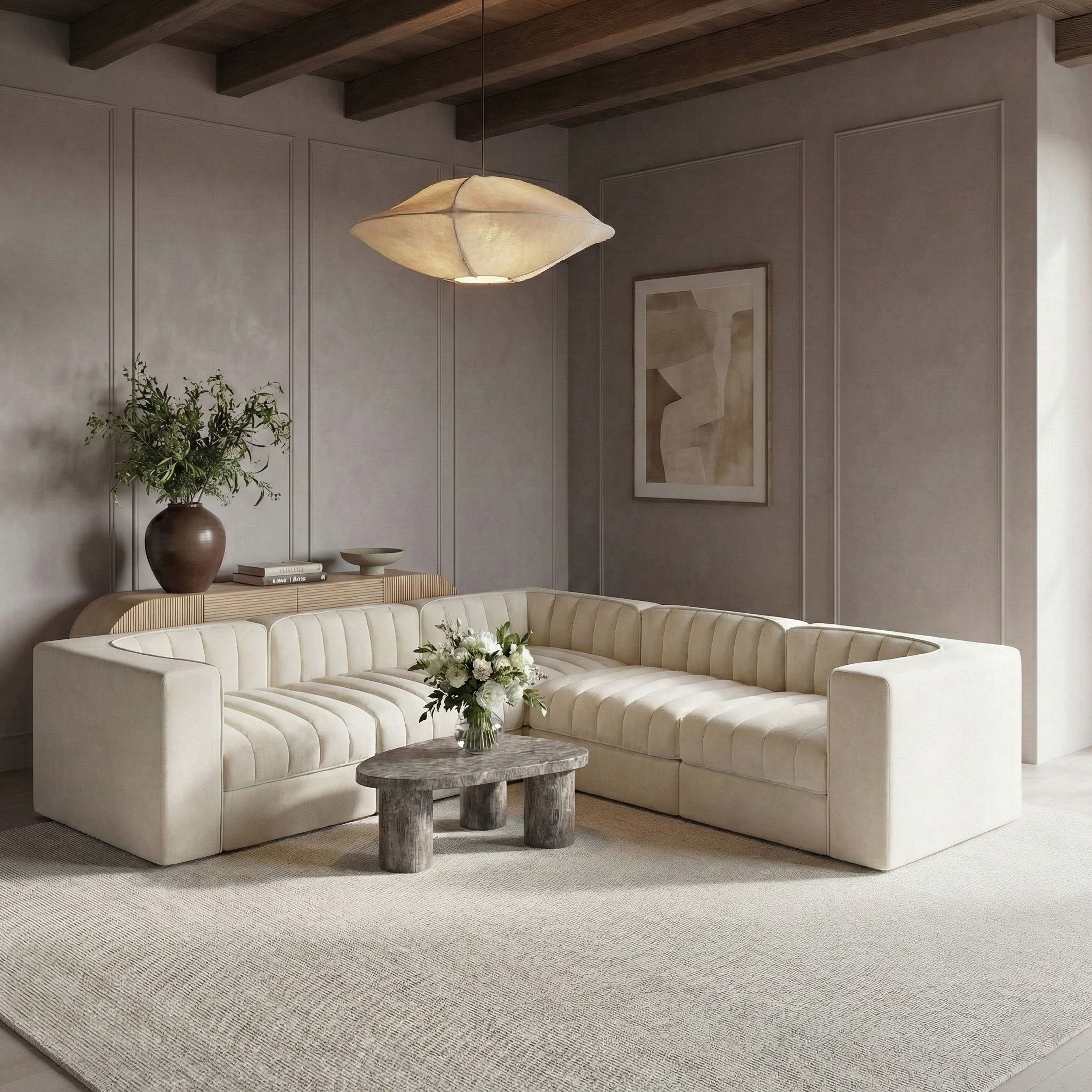 Rummi - Velvet Performance Fabric Upholstered 5 Piece Modular Sectional (With 3 Corner Chairs) - Cream