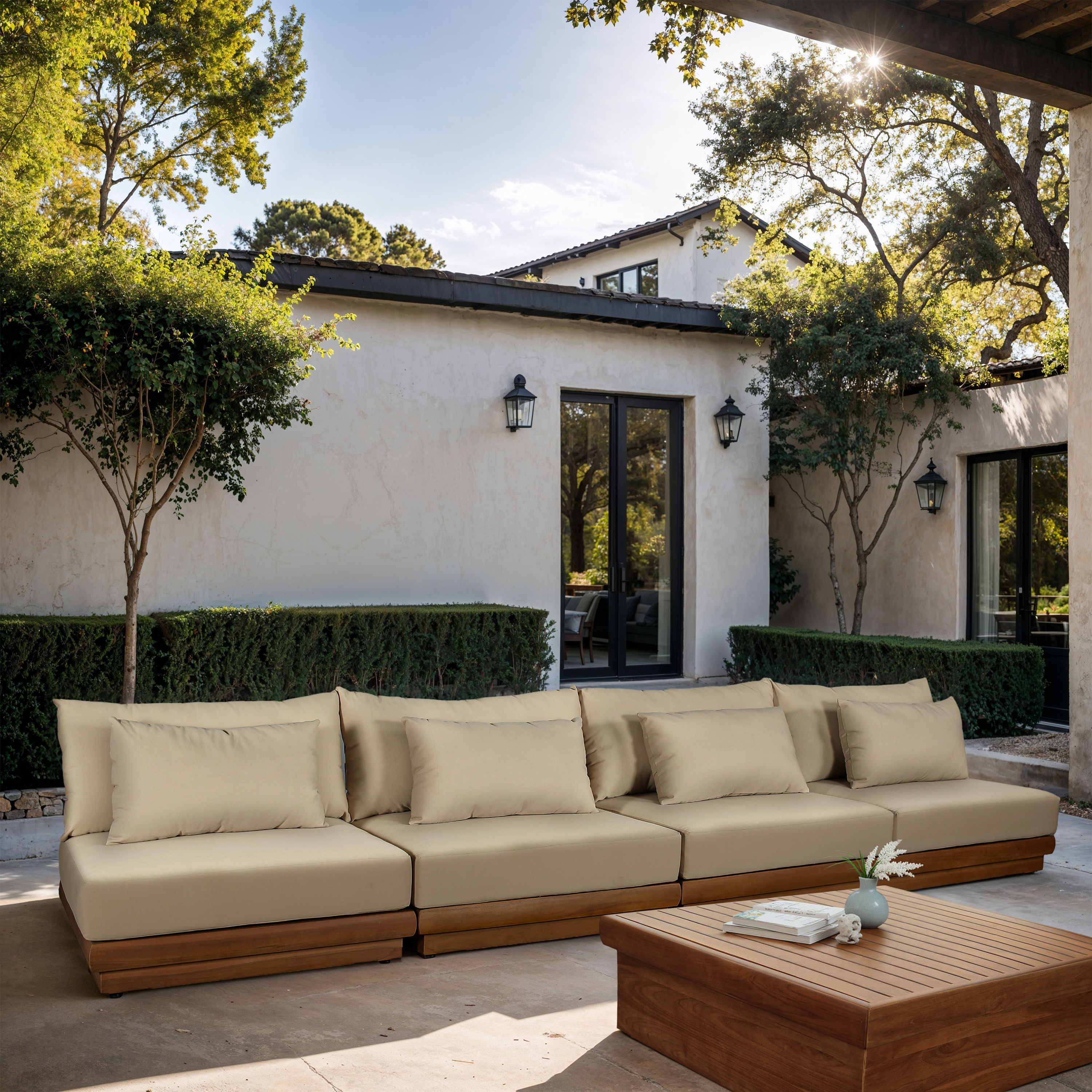 Mirella - 4 Piece Water Resistant Fabric 148" Outdoor Patio Modular Sofa - Tan