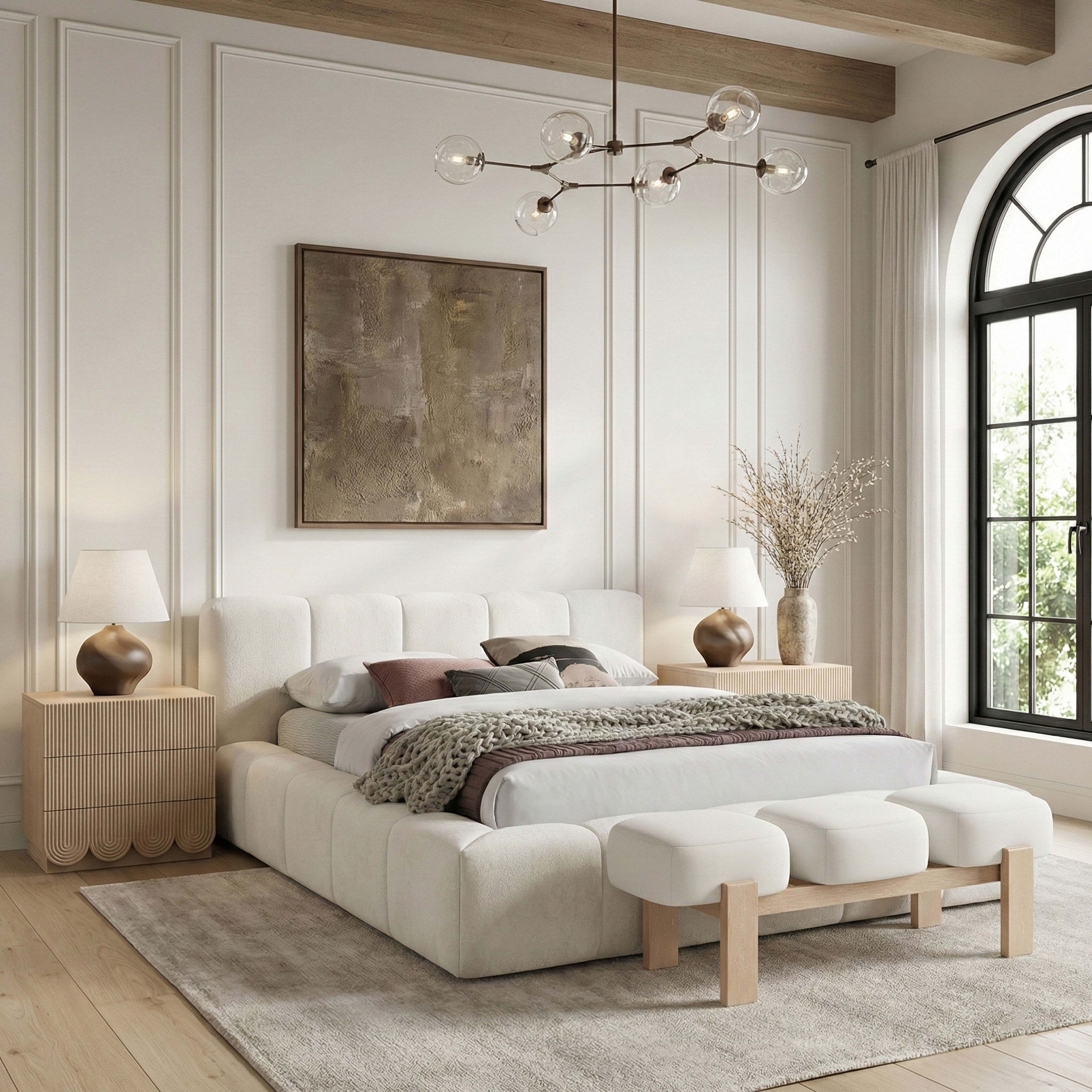Woodcrest - Vegan Leather Upholstered Bench - Cream / Painted Natural