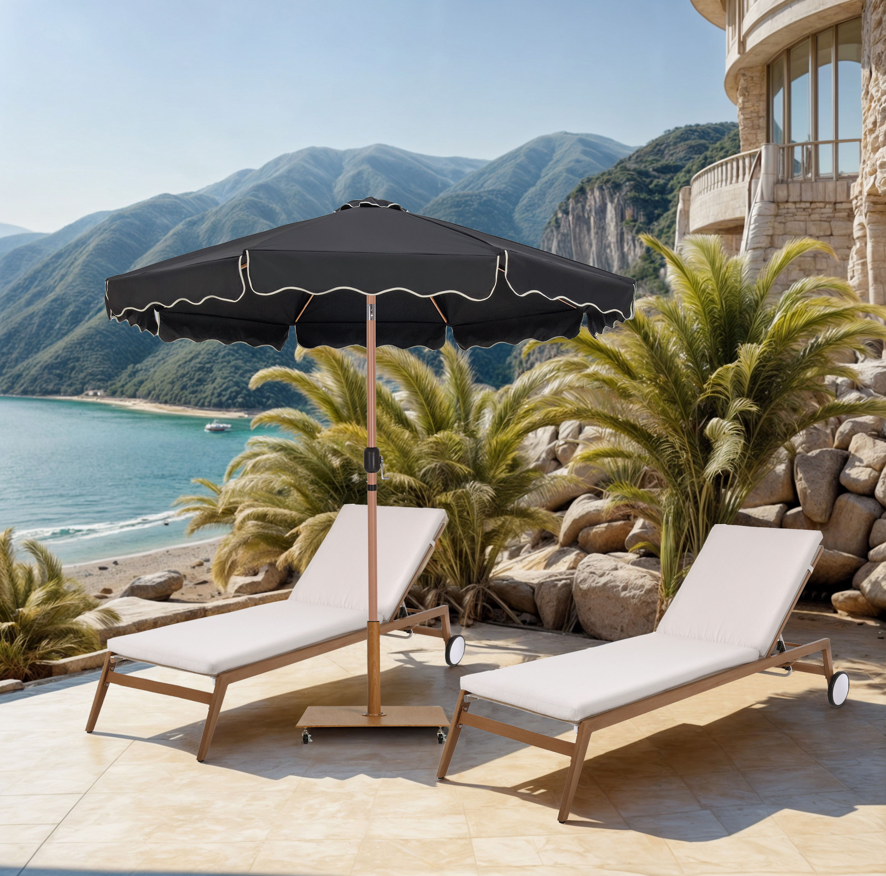 Amalfi - Fabric With Cream Piping Aluminum Patio Umbrella with Base - Black / Teak