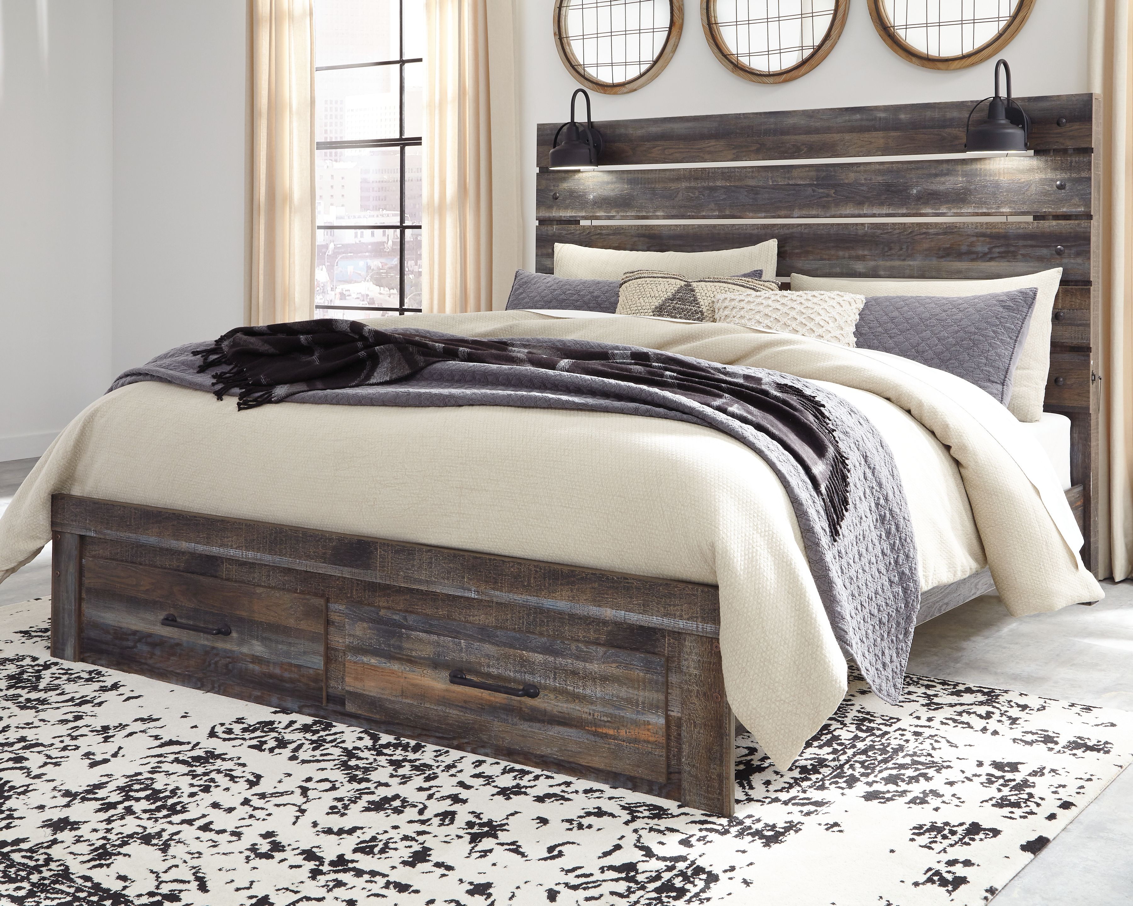 Drystan - King Panel Bed With 2 Storage Drawers - Brown / Beige
