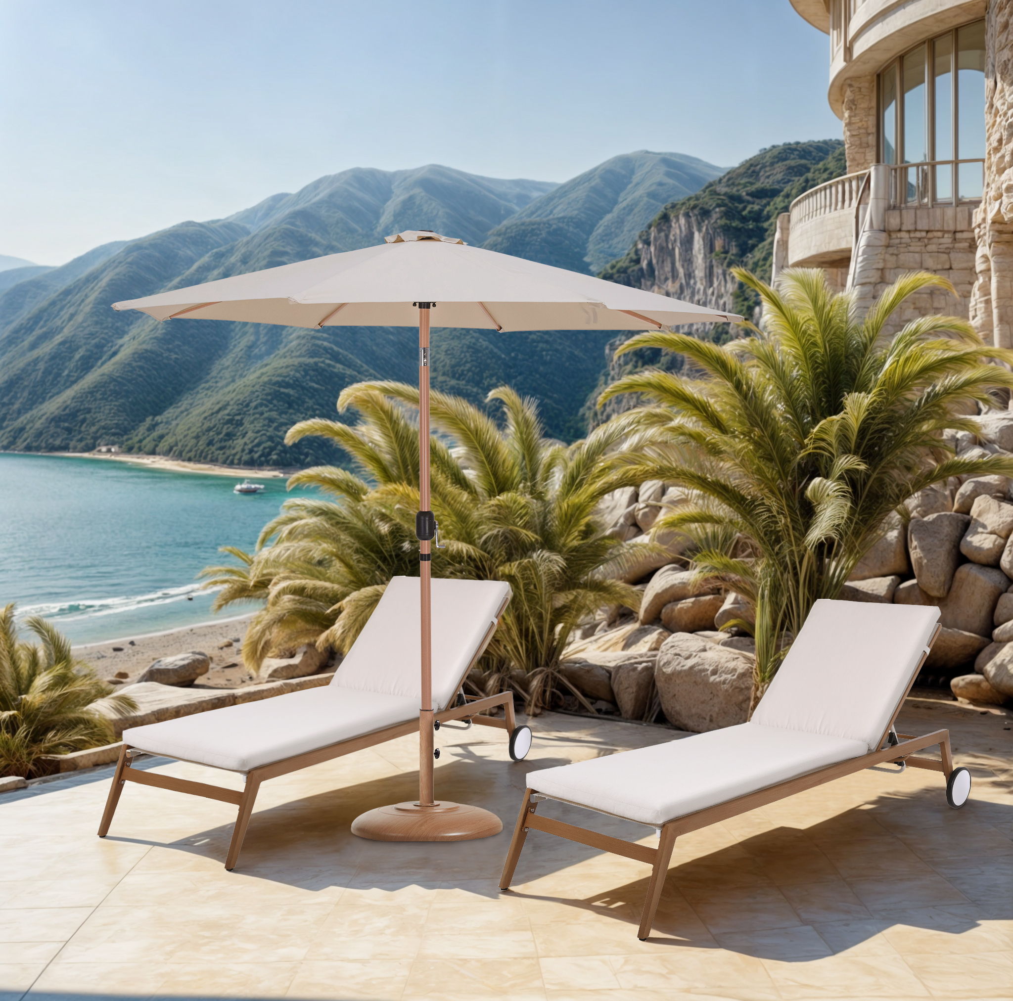 Fiji - Aluminum Patio Umbrella With Round Teak Base - Beige