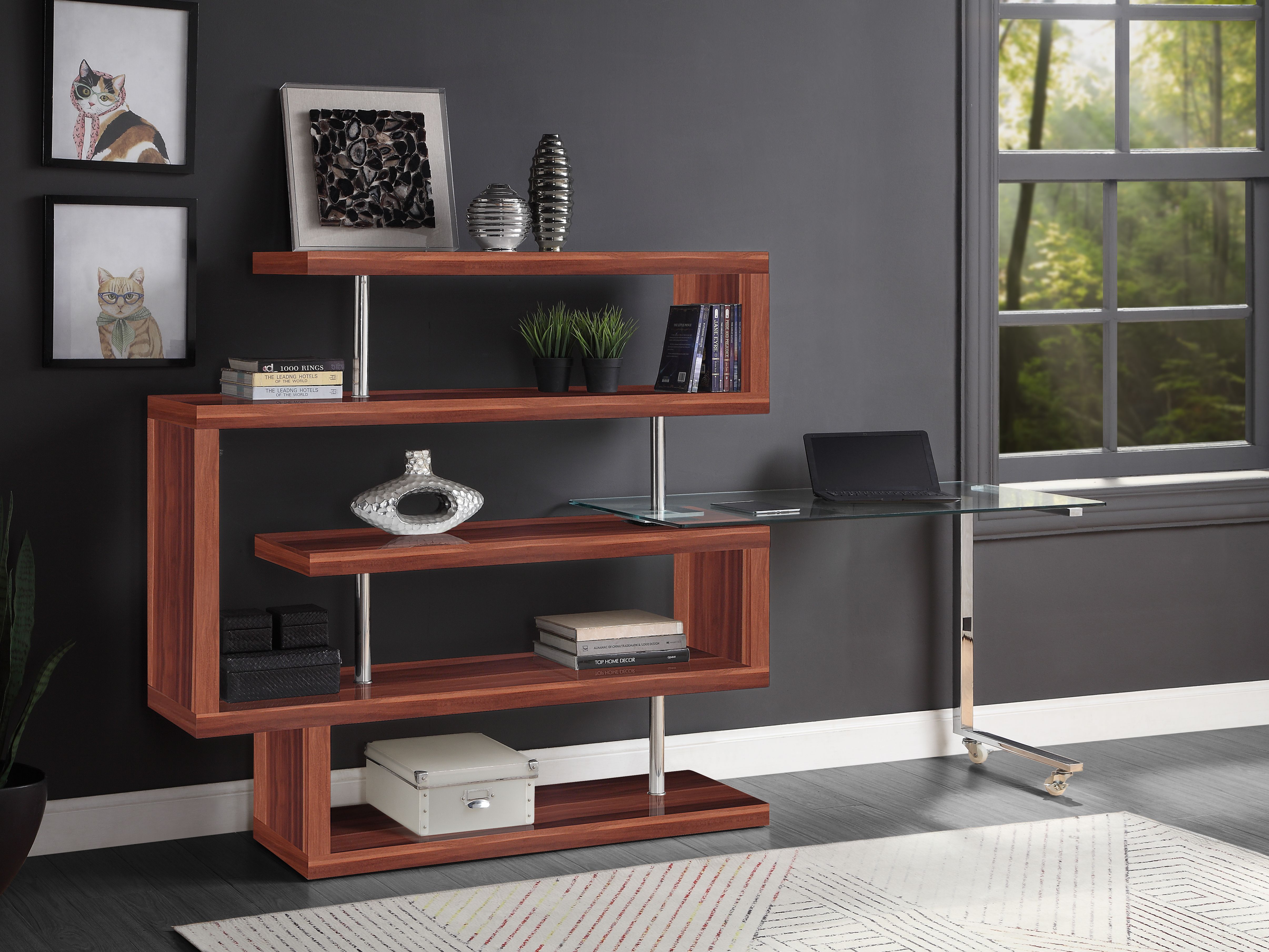 Buck II - Writing Desk With Bookshelf - Clear Glass, Chrome & Walnut High Gloss, dark brown, view 6
