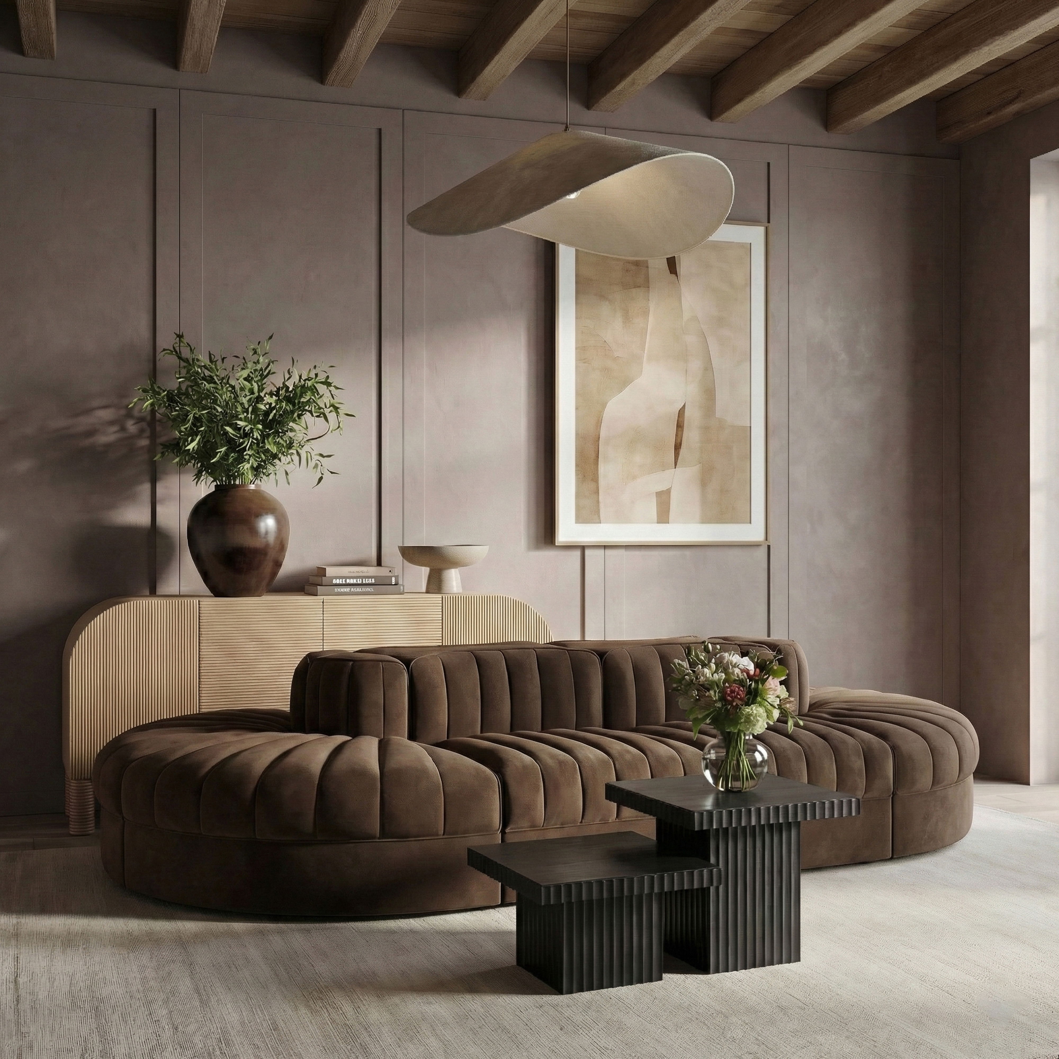 Rummi - Oval Velvet Performance Fabric Upholstered 8 Piece Modular Sectional - Brown