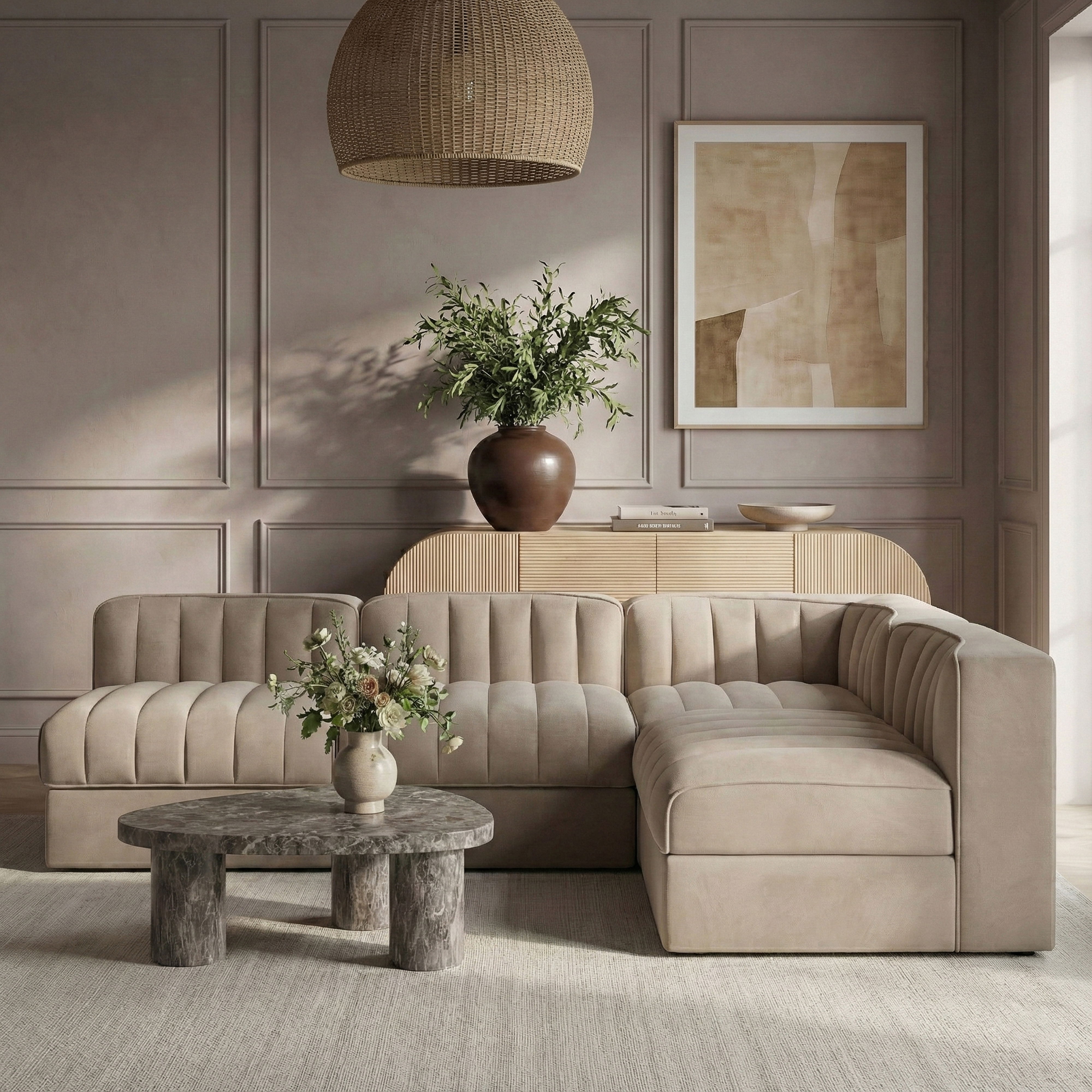 Rummi - Armless Velvet Performance Fabric Upholstered 4 Piece Modular Sectional - Beige