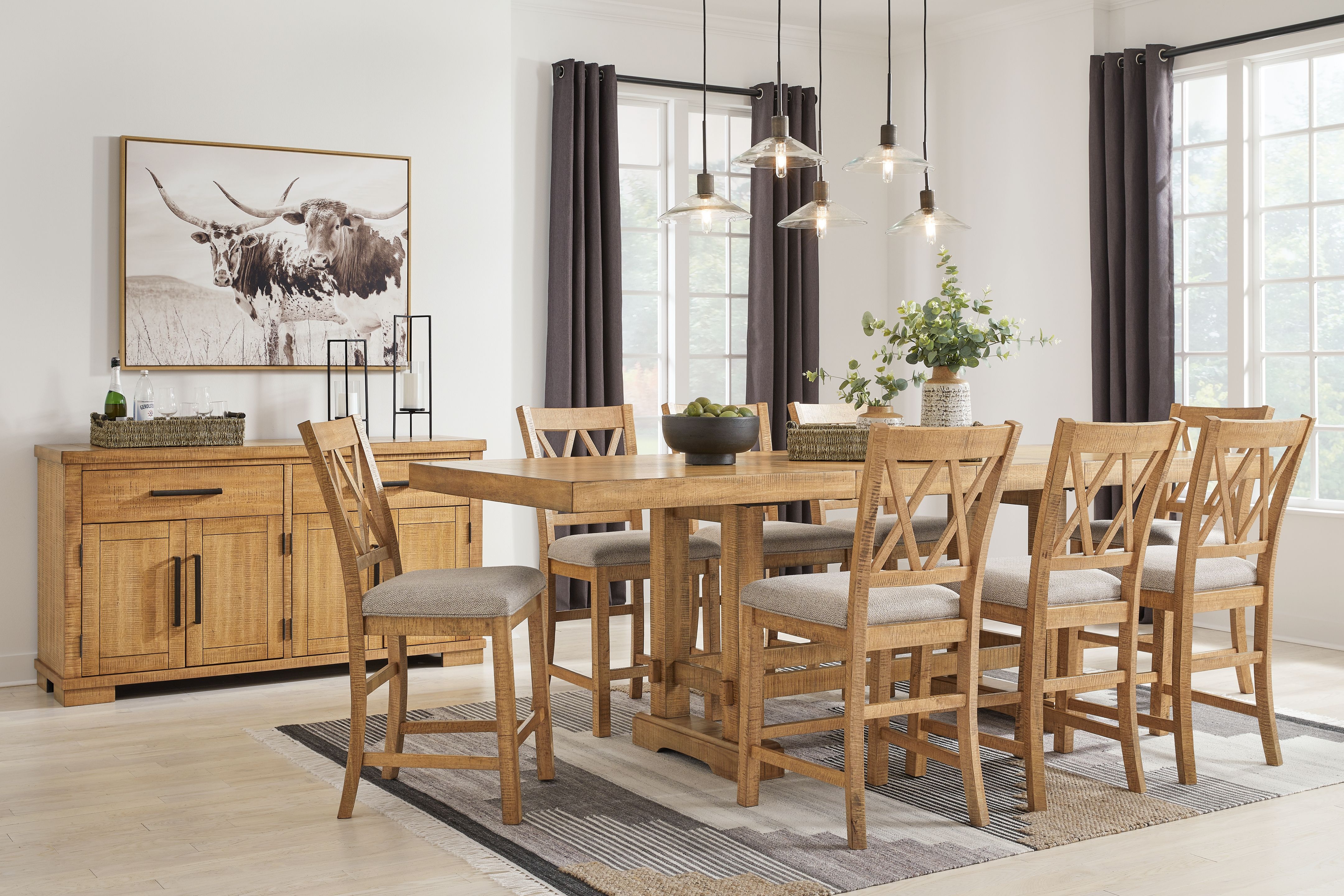 Havonplane - 10 Pc. - Counter Extension Table, 8 Upholstered Barstools, Server - Brown