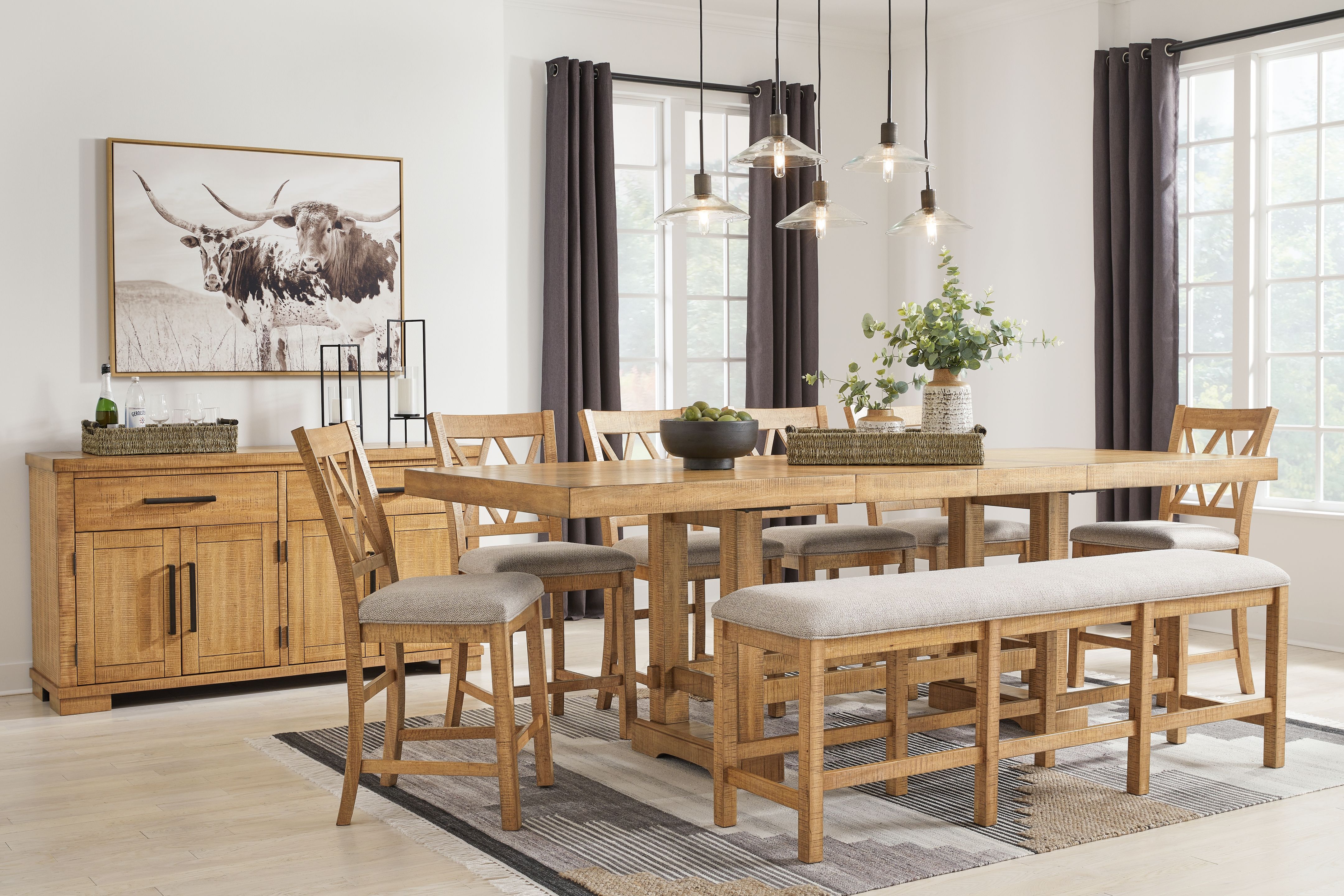 9 Pc · Counter Extension Table, 6 Upholstered Barstools, Bench, Server
