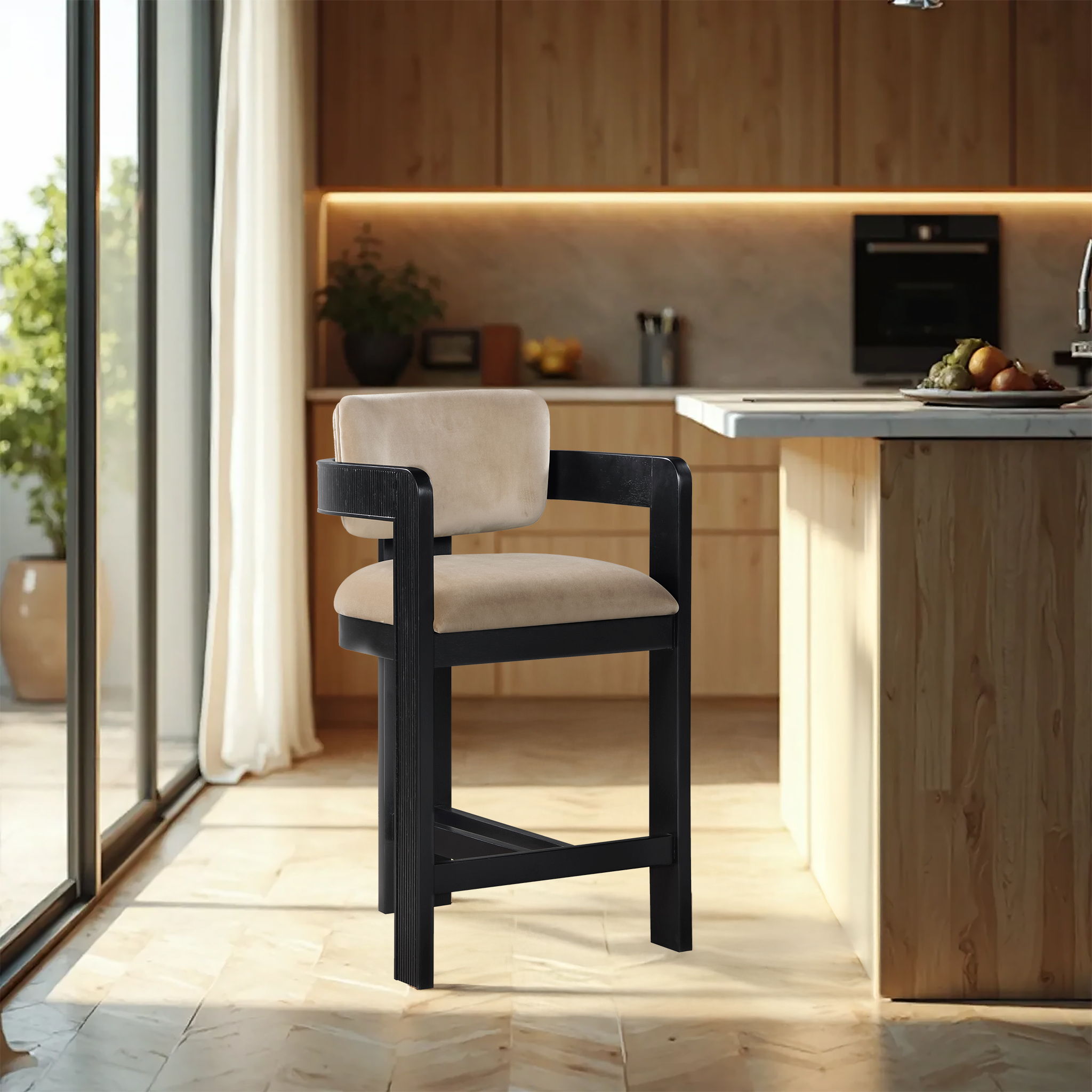 Sacha - Velvet Stool With Black Base - Beige