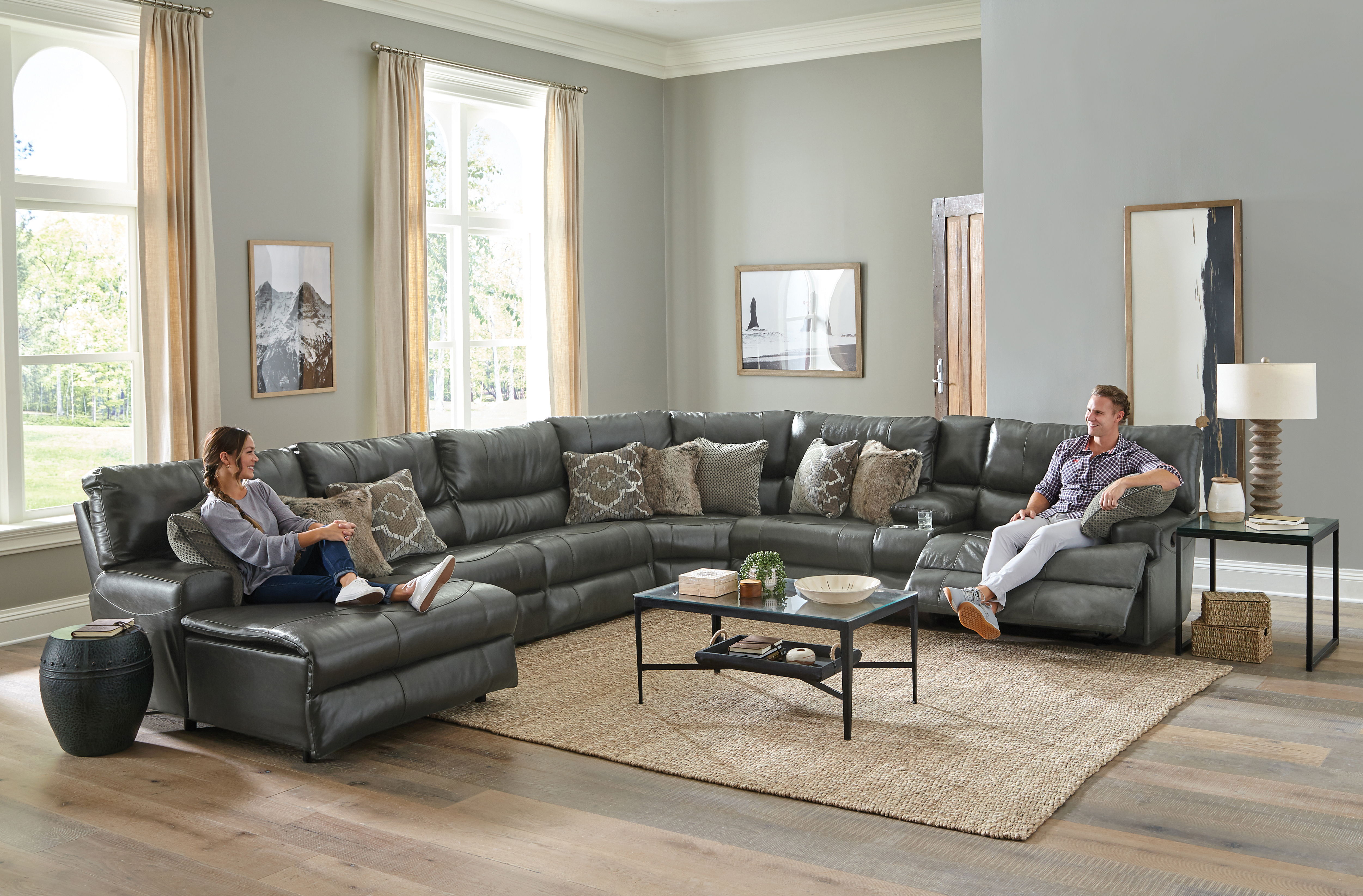 Como - 7 Piece Italian Leather Match Manual Reclining Sectional With 2 Reclining Seats And LSF Chaise - Steel