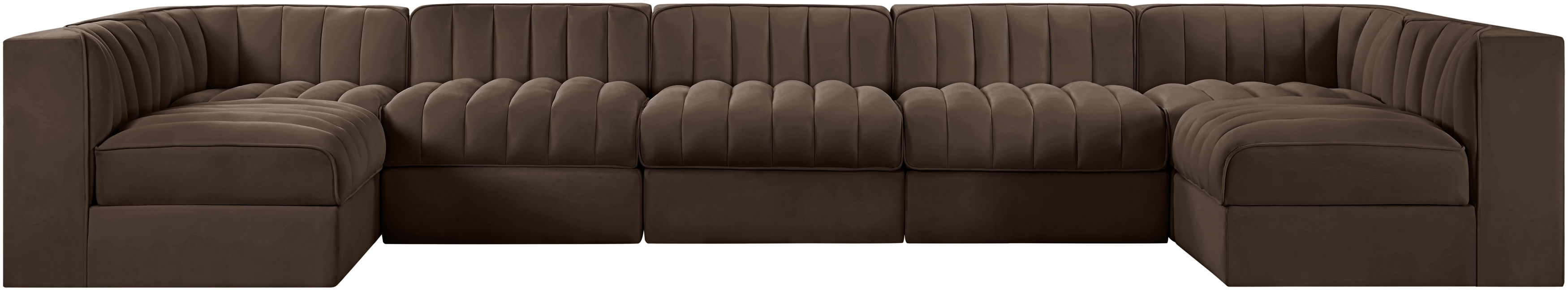 Rummi - Velvet Performance Fabric Upholstered 7 Piece Modular Sectional (With 2 Corner Chairs) - Brown