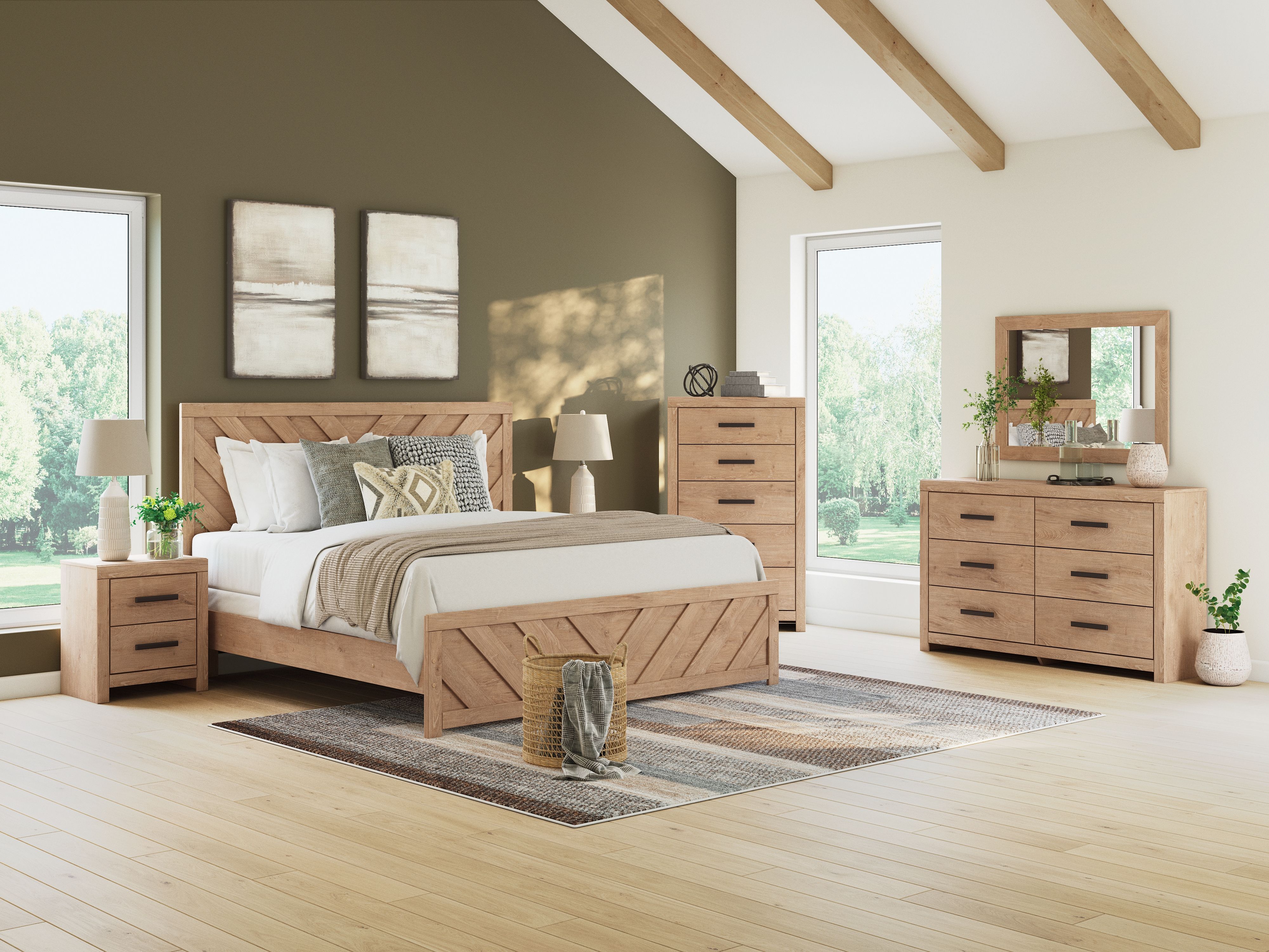 Ashley Sanginlane - Tan - 4 Pc. - Dresser, Mirror, King Panel Bed