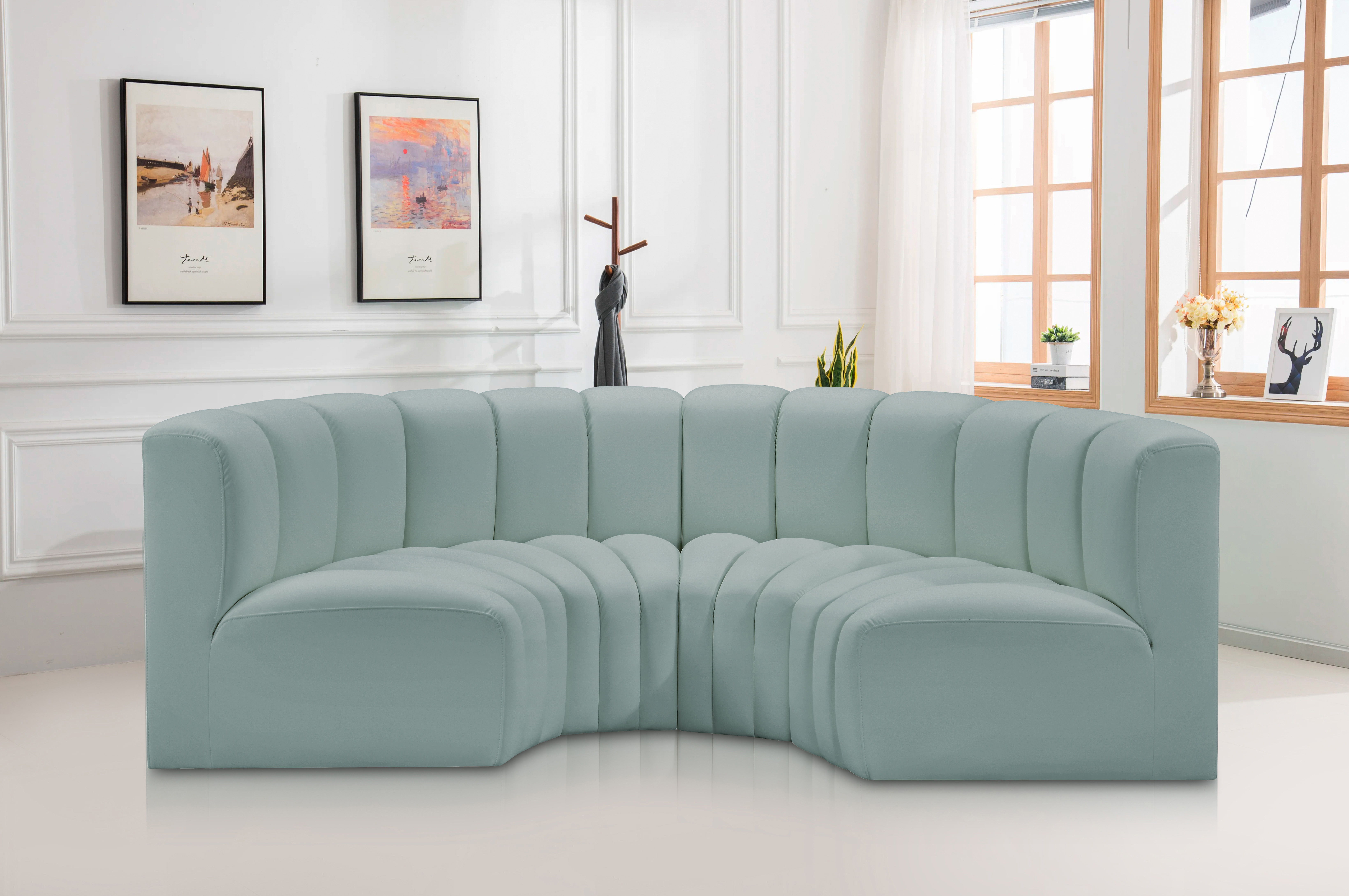 Arc - Faux Leather 4 Piece U-Shaped Modular Sofa - Mint Green