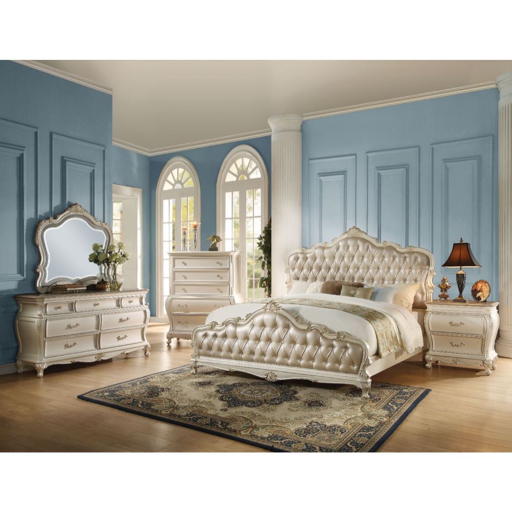 Chantelle - Queen Bed - Rose Gold Synthetic Leather & Pearl White, beige