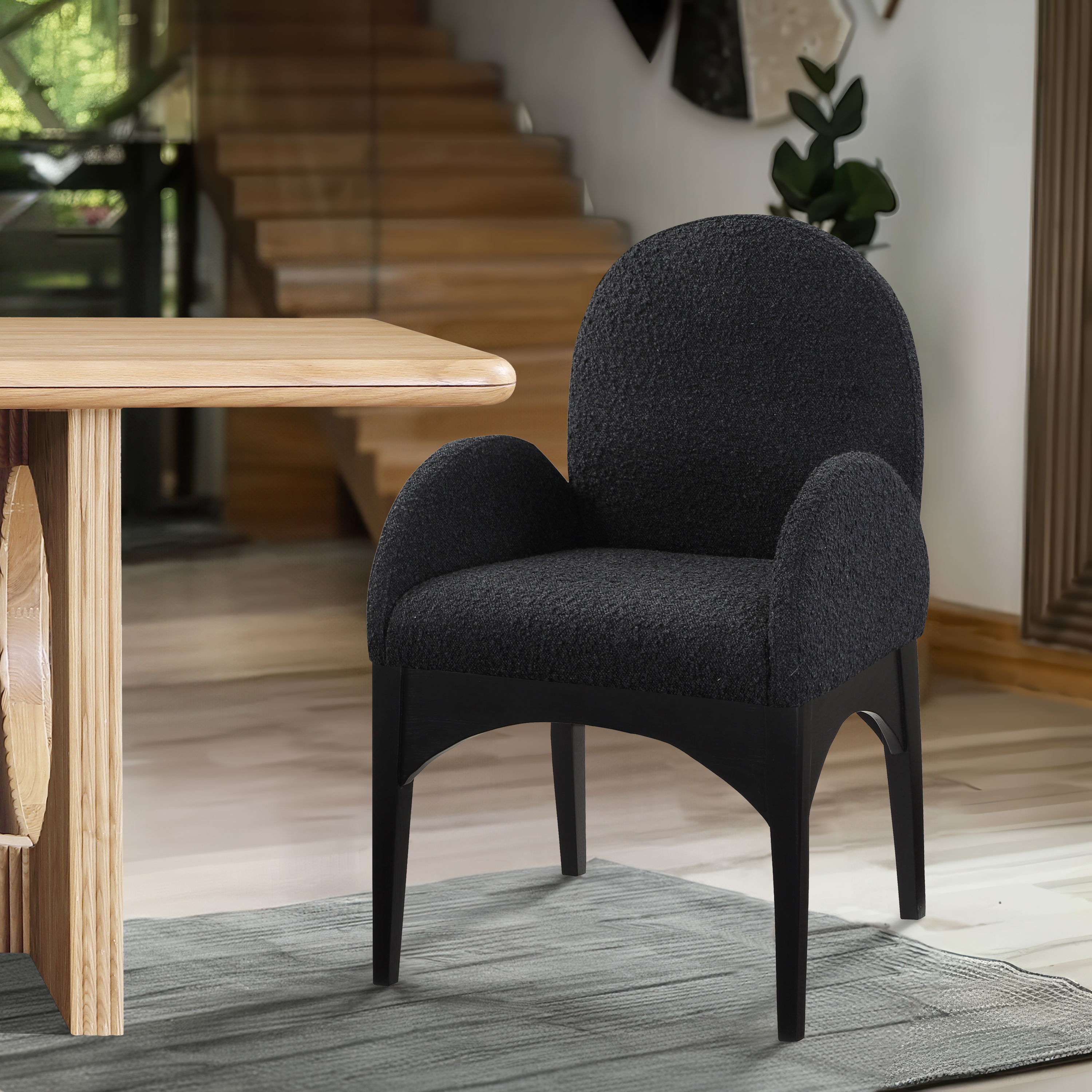 Waldorf - Boucle Dining Arm Chair With Black Legs - Black