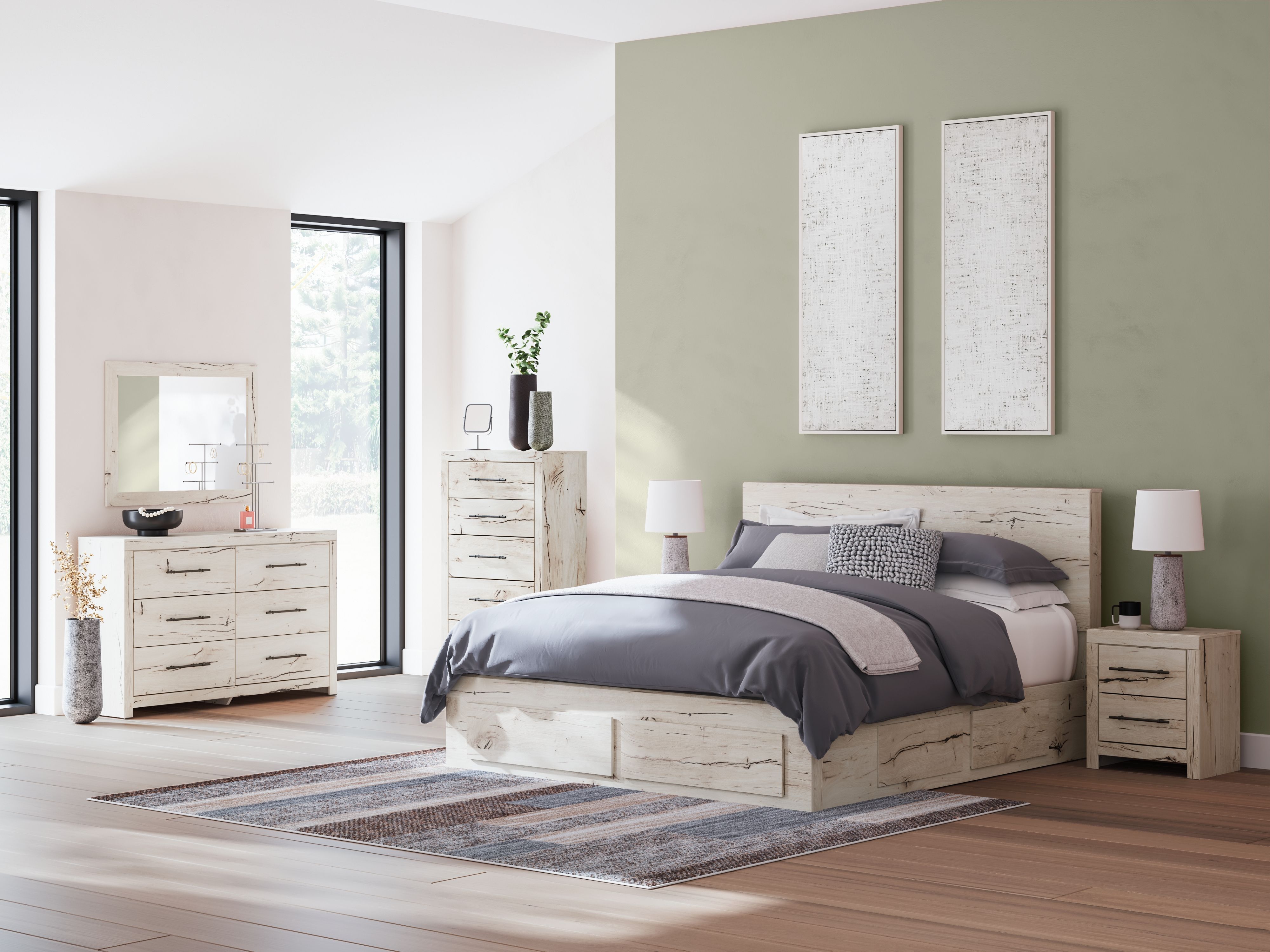 Ashley Lawroy - Light Natural - 8 Pc. - Dresser, Mirror, Chest, King Panel Bed With Storage Footboard And 2 Under Bed Storage Units