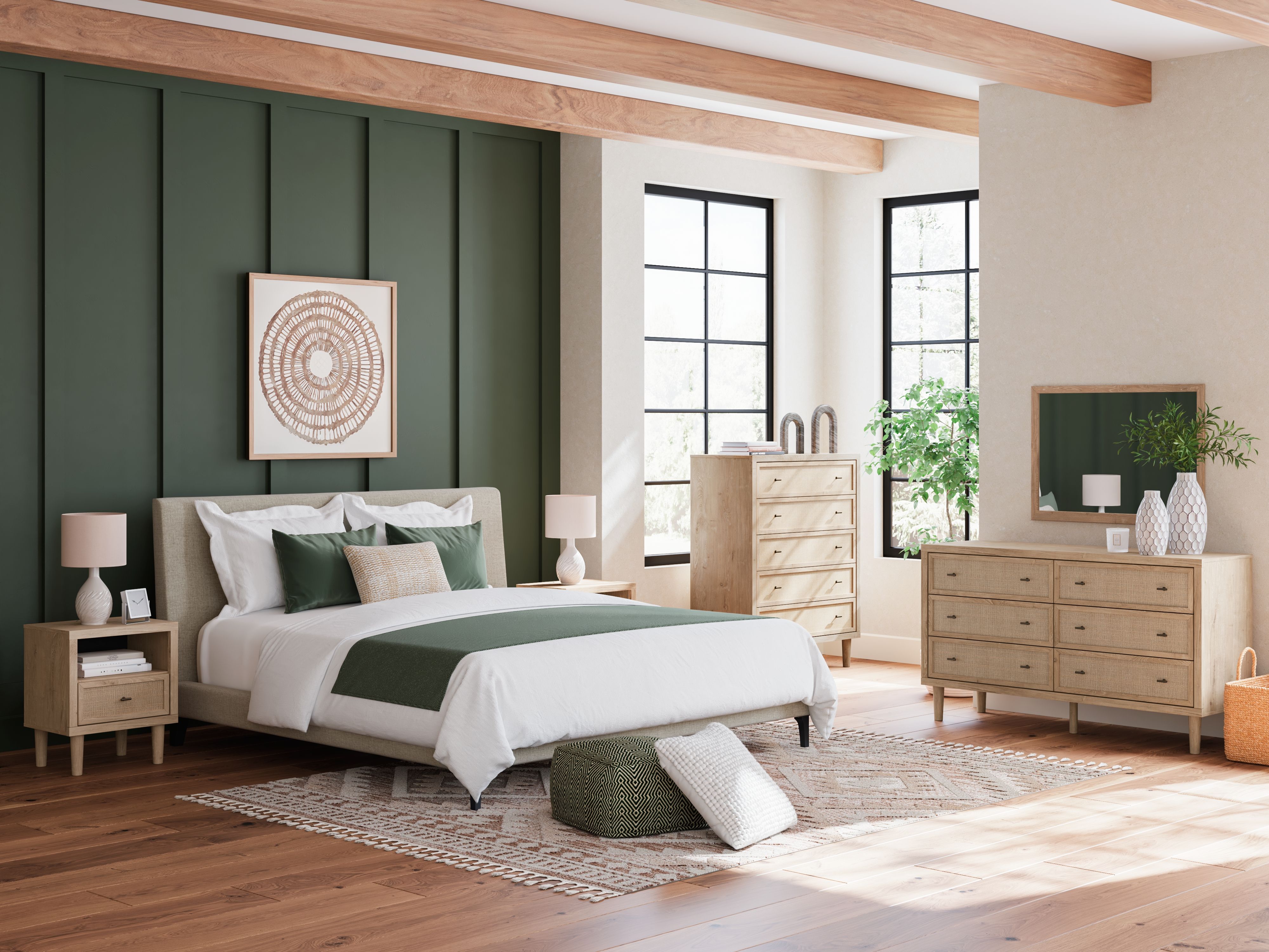 California King · 3 Pc · Dresser, Mirror, California King Upholstered Bed With Roll Slats