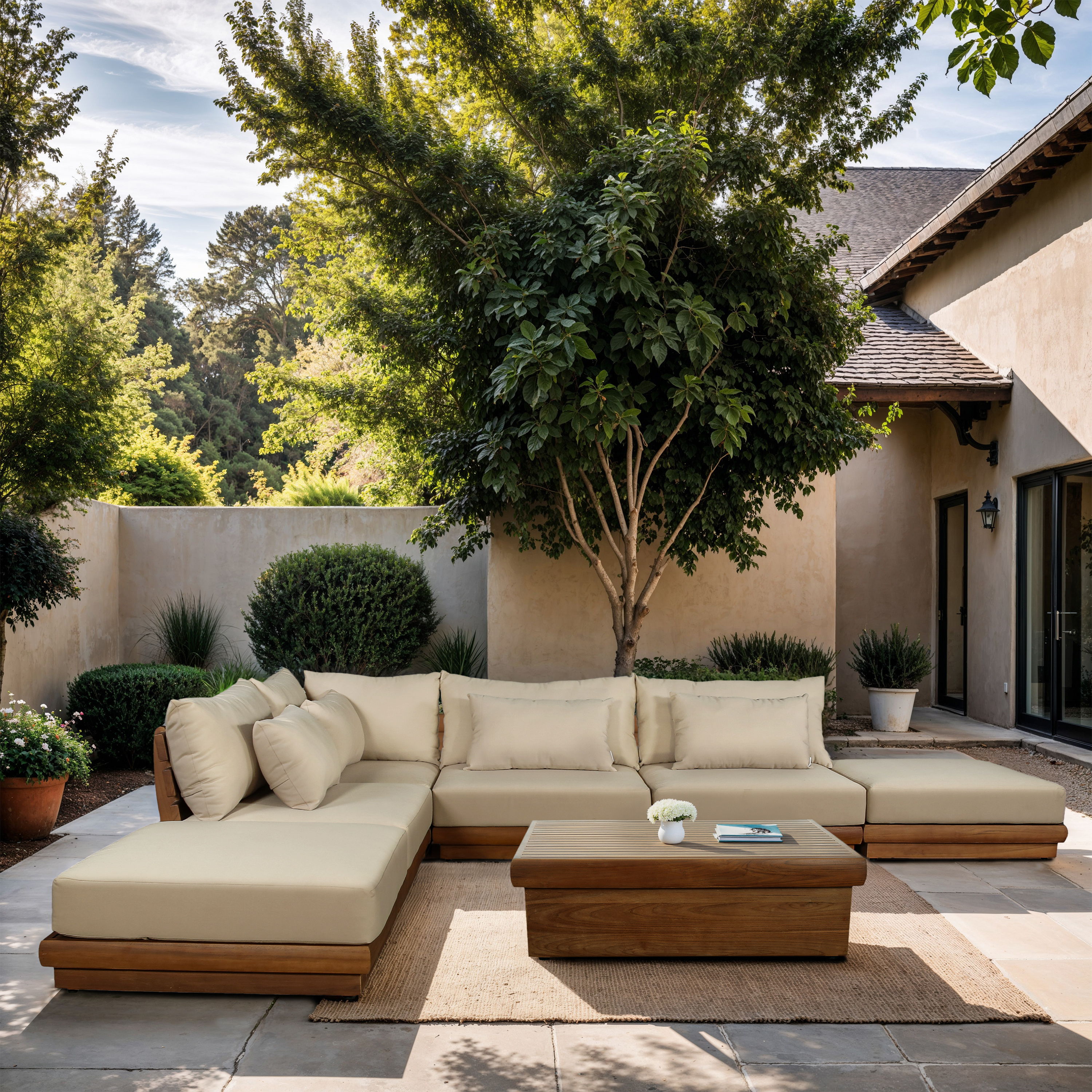 Mirella - 6 Piece Water Resistant Fabric 149" Upholstered Outdoor Patio Modular Sectional - Tan
